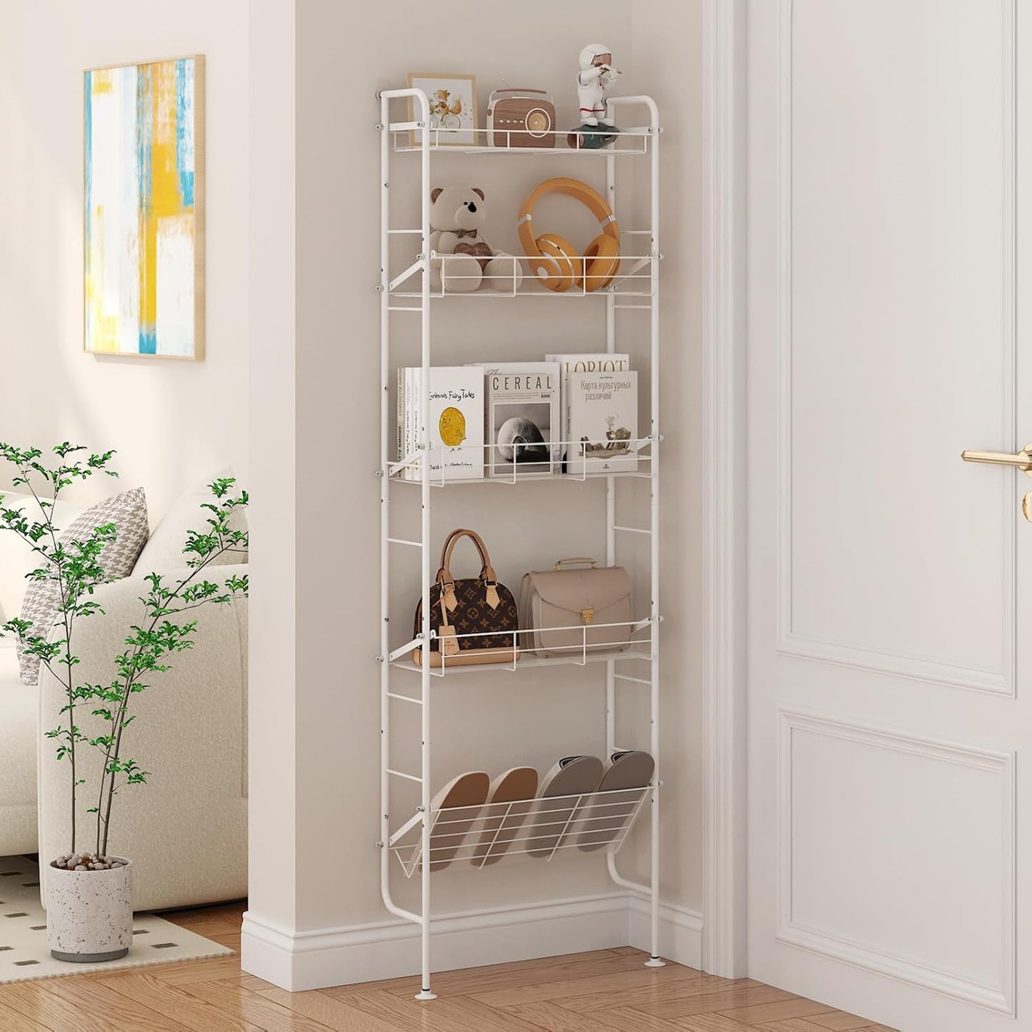 bukfen Behind The Door Organizers,5-Tier Narrow Bathroom Kitchen Shelf,Kitchen Corner Shelf Stand,Wall Storage,Spice Racks,Book Shelf,Behind The Door Storage,Multi Functional Shelf for Home,1 Pack