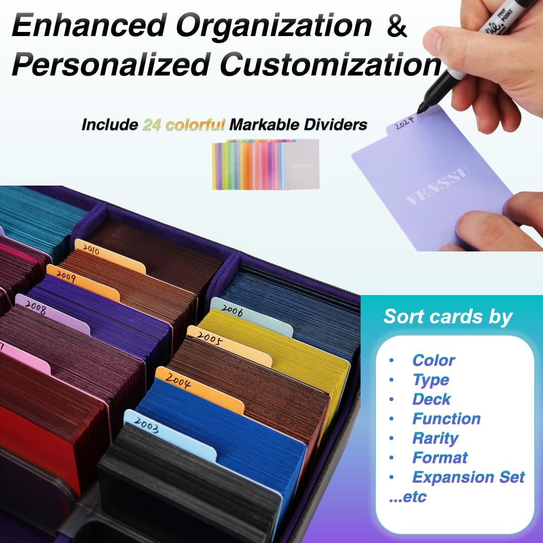 Venssu Card Storage Box For Trading Cards With Dedicated Card Supporters,3000+ Mtg Deck Box With 24 Colorful Divider Tabs,Trading Card Storage Fits For Magic Game Cards (Black and Purple)