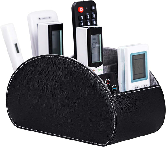 BONNY DODO Remote Control Holders Organizer Box with 5 Compartment PU Leather Multi-functional Office Desk Storage Caddy Store (Black)