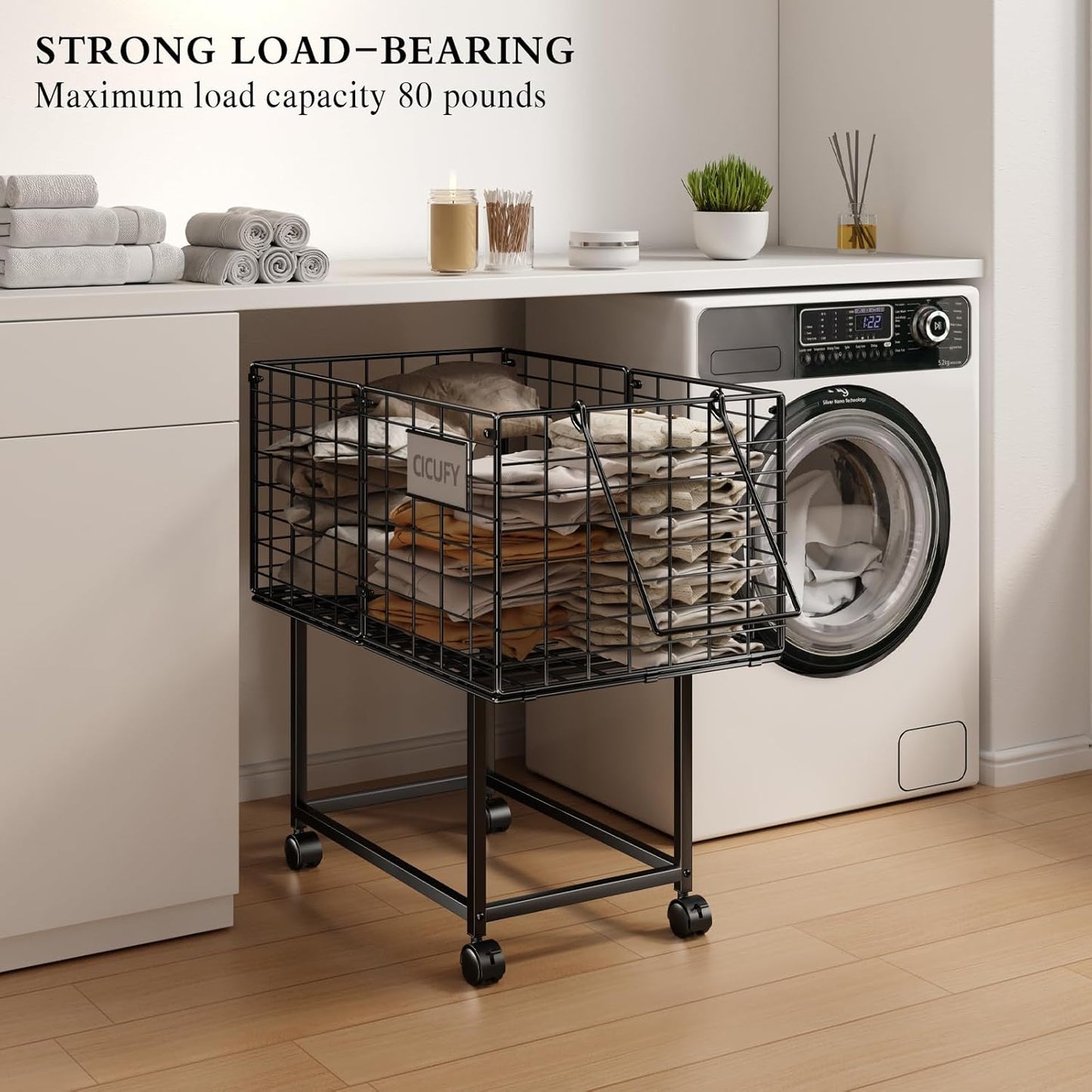 Wire Laundry Hamper, 80L Rolling Laundry Basket Cart on Wheels, Dirty Clothes Basket with Handle, Metal Clothes Hamper Organizer for Laundry Room, Bathroom, Bedroom, Dorm, Black