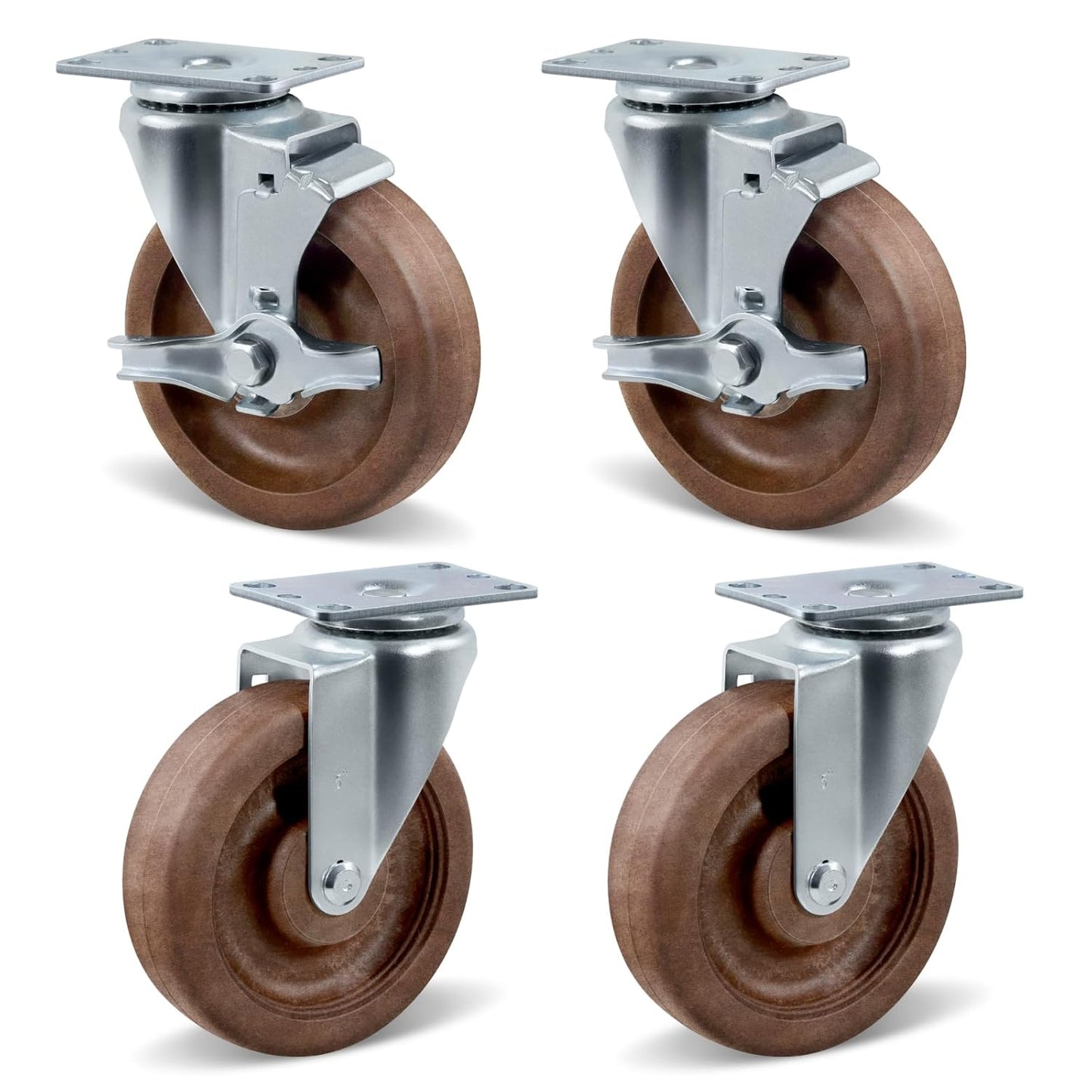 5" Hi-Temp Glass FiIled Nylon Casters, Heavy Duty Casters Set of 4, Industrial Caster Wheels for Commercial Kitchen, Bakery - 2800 lbs Capacity(2 Swivel & 2 Brake)