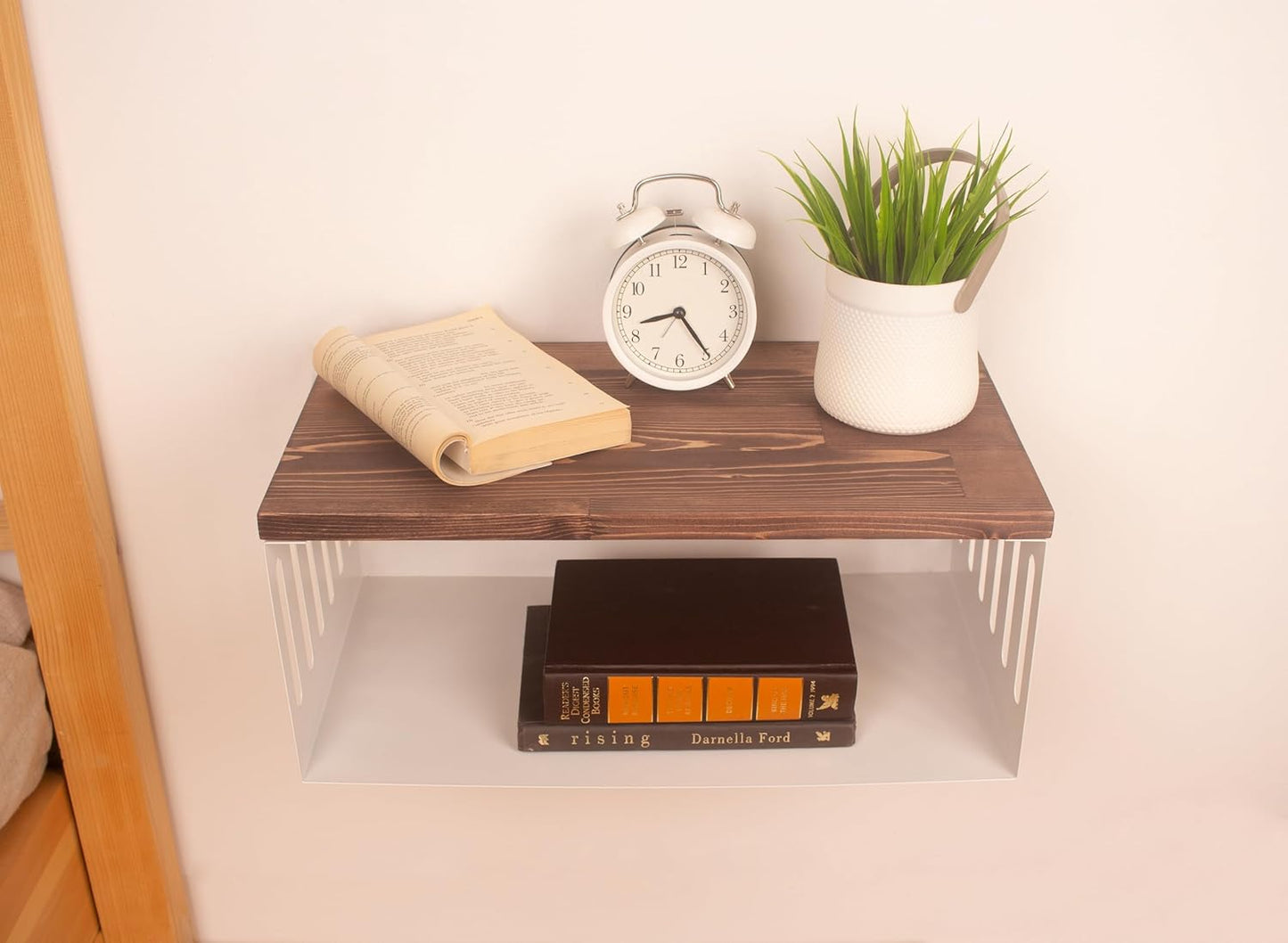 Floating Nightstand with White Metal Base, Wooden Top and Sturdy Metal Base, Minimalist Bedside Table, Wall Mounted Shelf, Bedside Shelf (London)