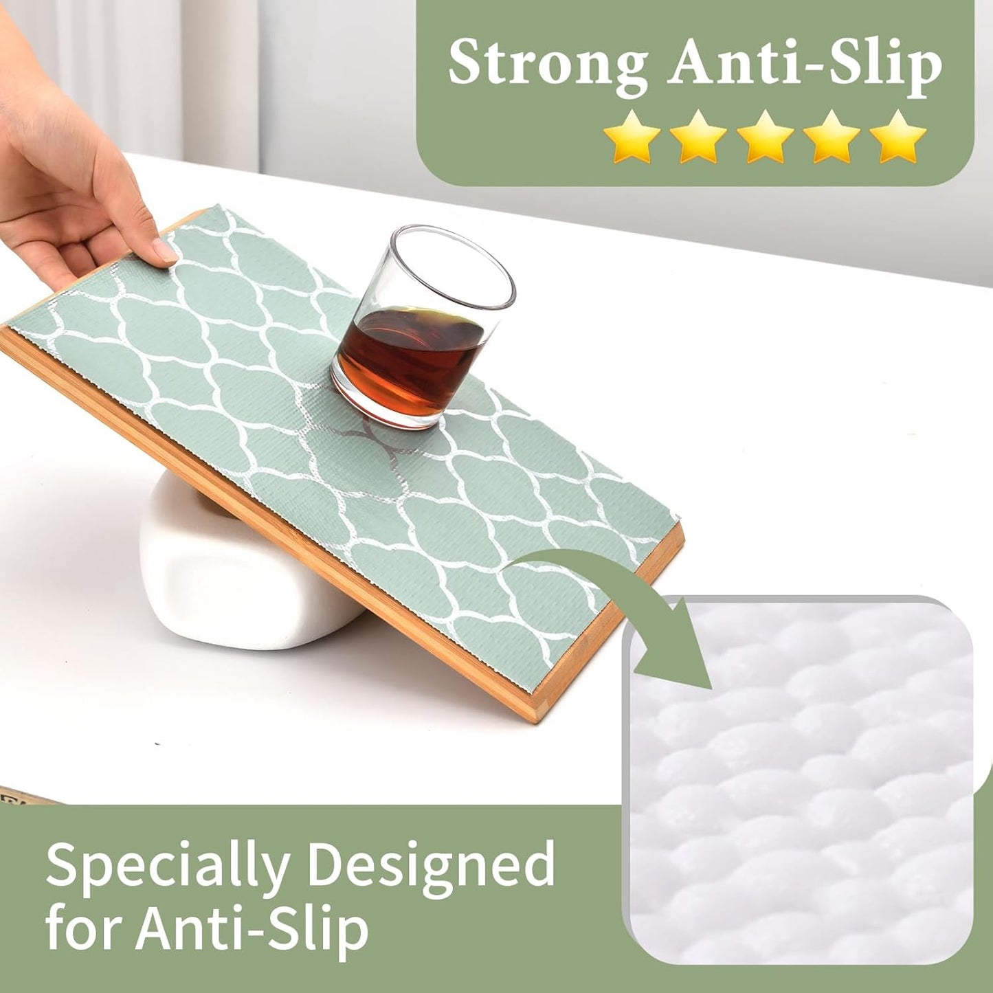Shelf Liners for Kitchen Cabinets Non Adhesive Drawer Liner 17.5in x 20FT Light Green Quatrefoil Thickened Shelf Liner Strong Non-Slip Easy to Clean Tool Box Refrigerator with Knife and Tape Measure