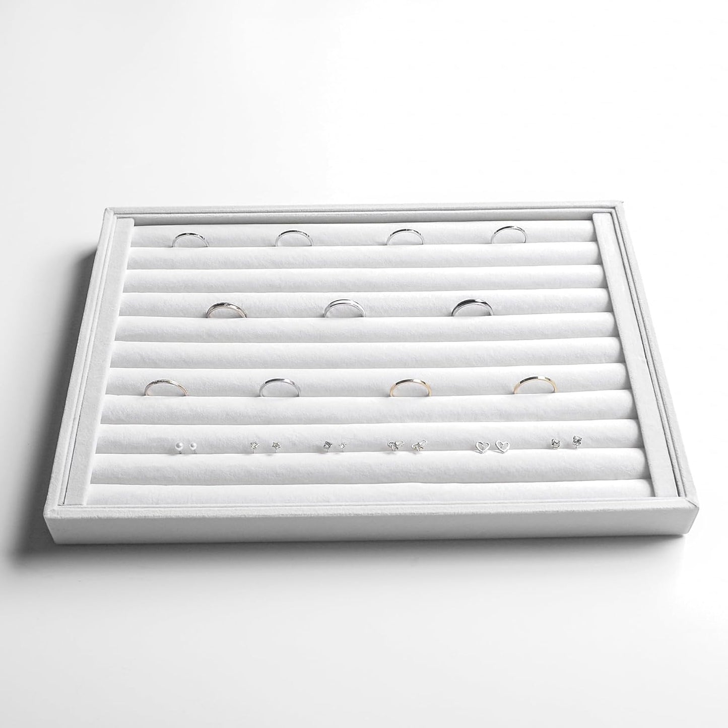 Frebeauty Stackable Velvet Jewelry Organizer Trays for Drawers Inserts Jewelry Storage Tray Display Case, Stud Earrings Bracelets Necklace Rings Accessories Trays for Women(Set of 4)(White)