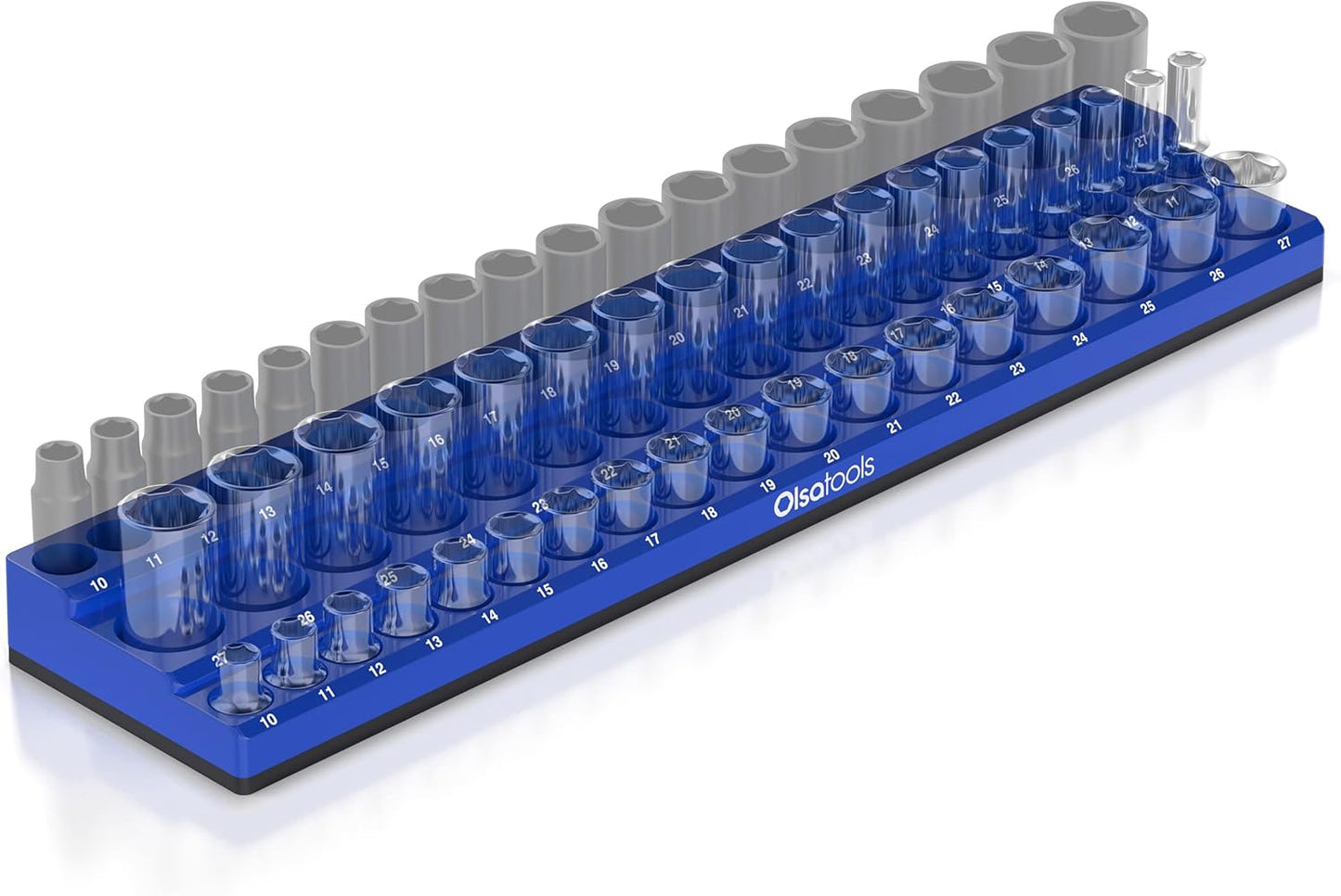 Olsa Tools Magnetic Socket Organizer (1/2-Inch Drive, 3 Row) - Magnetic Tool Organizer & Socket Holder - Tool Box Socket Organizers - Metric Blue - Holds 54 Sockets - Professional Grade - Part: 1555