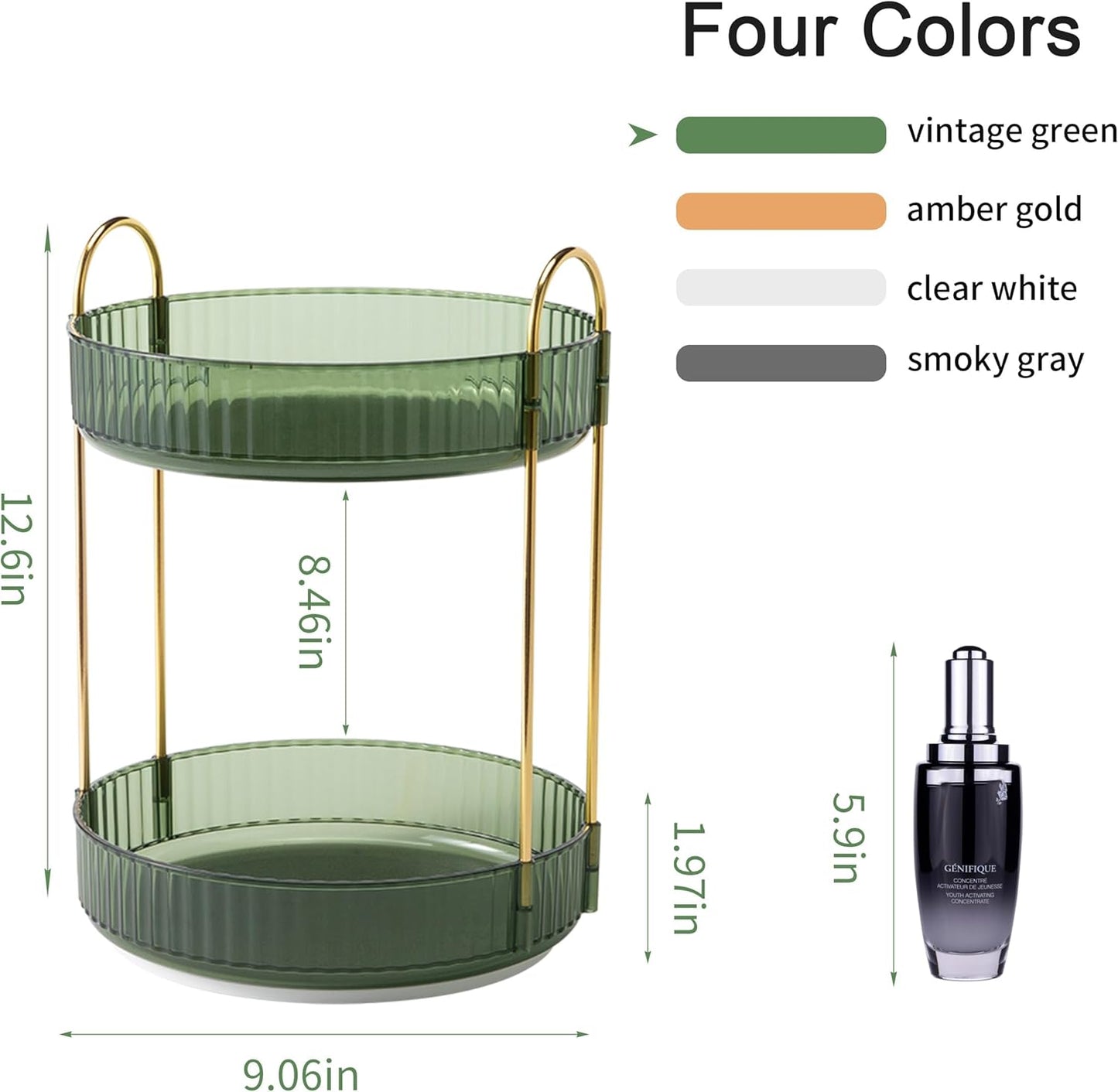 YCIA&DONE 360 Rotating Makeup Organizer and Storage for Vanity Countertop 2 Tiers, High Capacity Cosmetic Skincare Perfume Organizers for Dresser Bathroom Lazy Susan (Vintage Green)