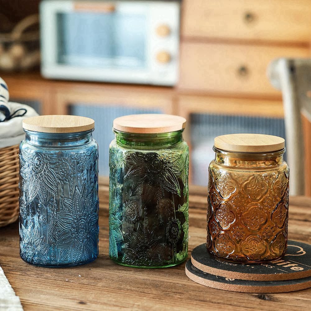 ANSQU 4-Pack Vintage Glass Jars with Airtight Lids, 34oz Glass Food Storage Containers for Kitchen Pantry Coffee, Tea, Candy, Cookie, Decorative Mason Jar (Blue&Green)