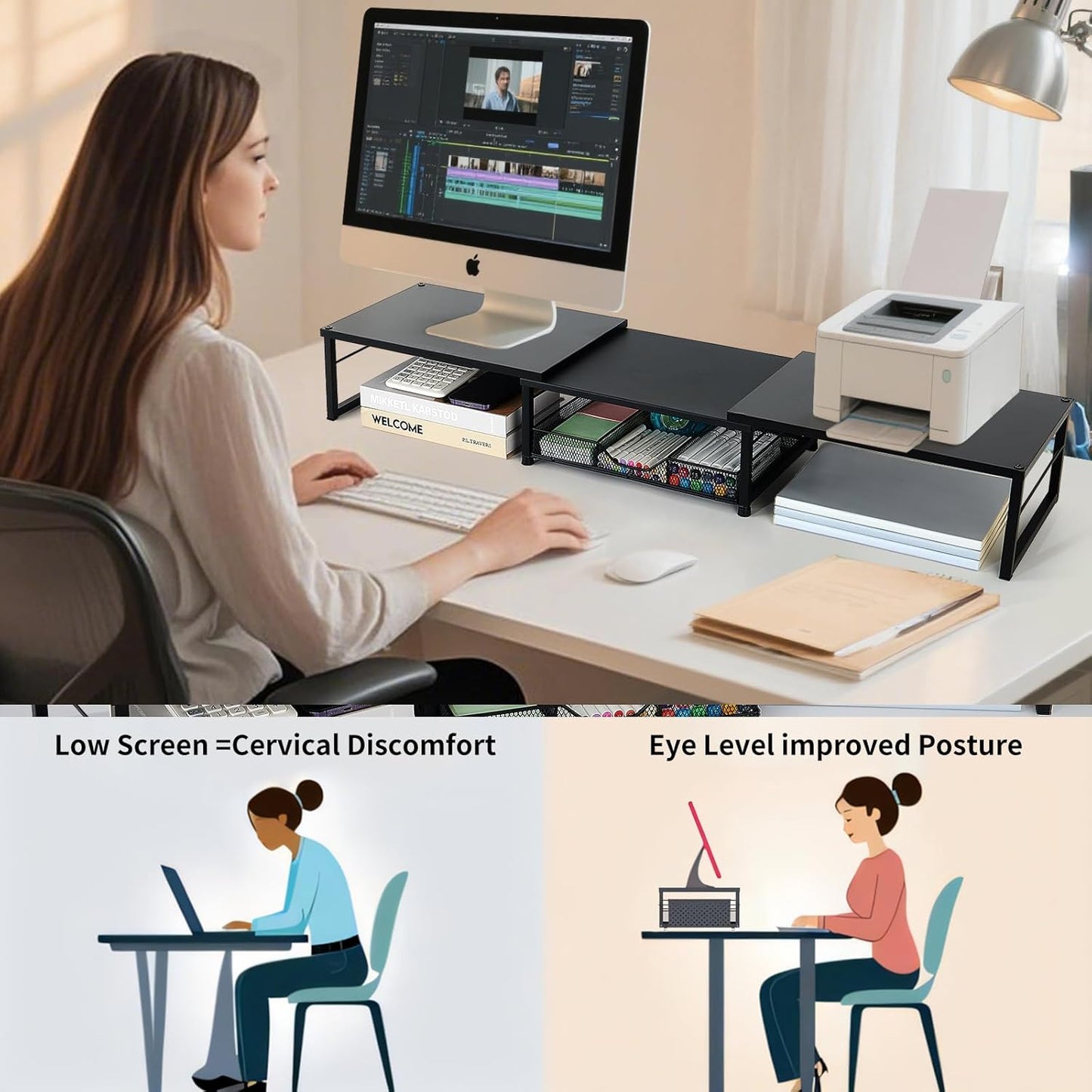 OPNICE Dual Monitor Stand Riser, Desk Organizer with Drawer, Office Desk Organizers and Accessories, Office Workspace Organization, Computer Monitor Stand for Laptop, Printer (Black)