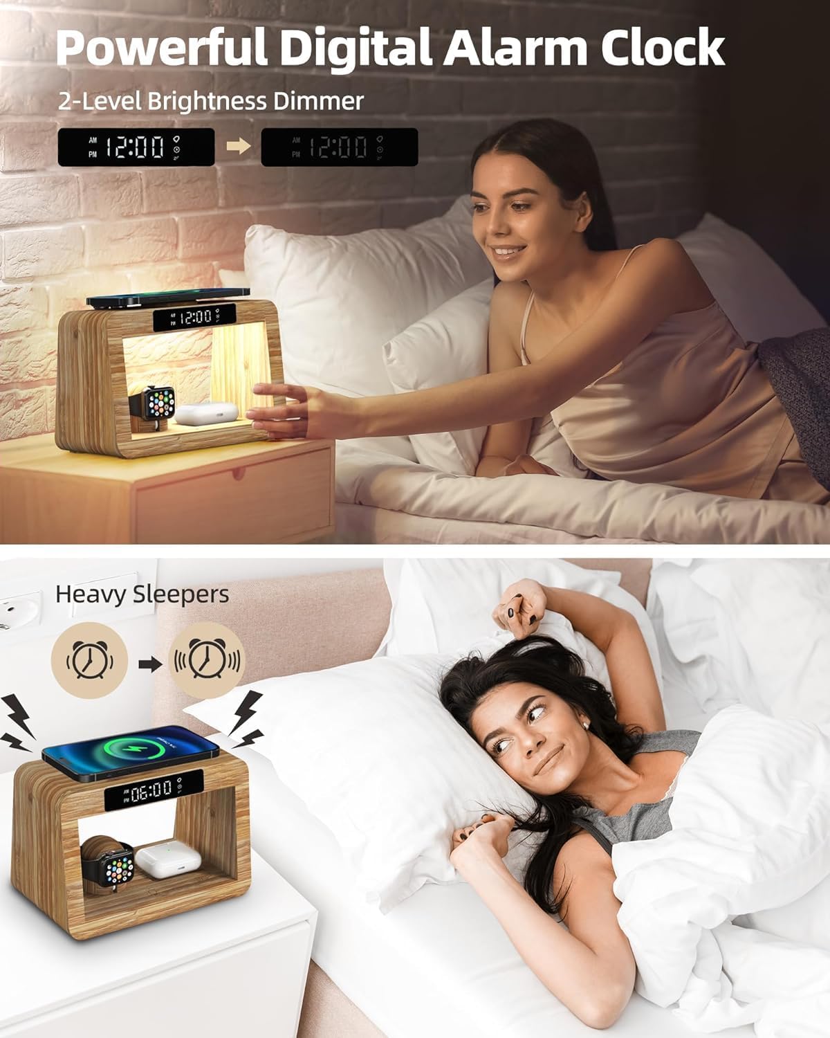 Bamboo Wireless Charging Station,Wireless Charger with Digital Alarm Clock and Night Light,Fast Charger Stand Compatible with iPhone17/16/15/14/13/12/11 Pro Max/X/Xs/AirPods Pro/iWatch Series