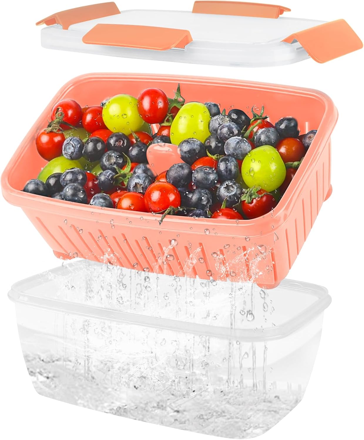 68oz Berry Keeper Fruit Storage Container for Fridge, Fresh Food Produce Saver Containers with Removable Drain Colander, Vegetable Lettuce Keeper Bowl, Refrigerator Organizer, PRESS TO OPEN CLOSE LID