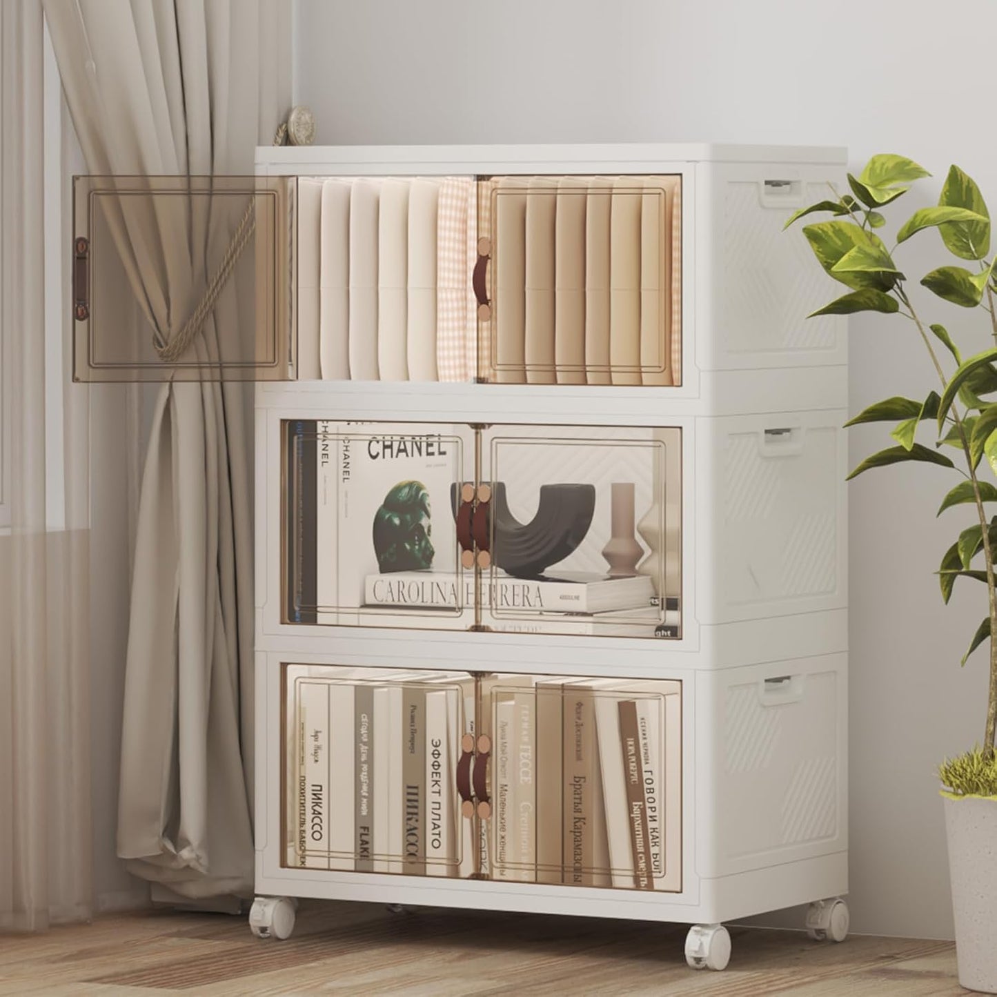 Extra Large Stackable Storage Bins with Lids & Wheels, Foldable Collapsible Closet Organizers Storage Cabinet with Doors for Bedroom Dorm (White, 165QT-55QT/14GAL*3Pack)