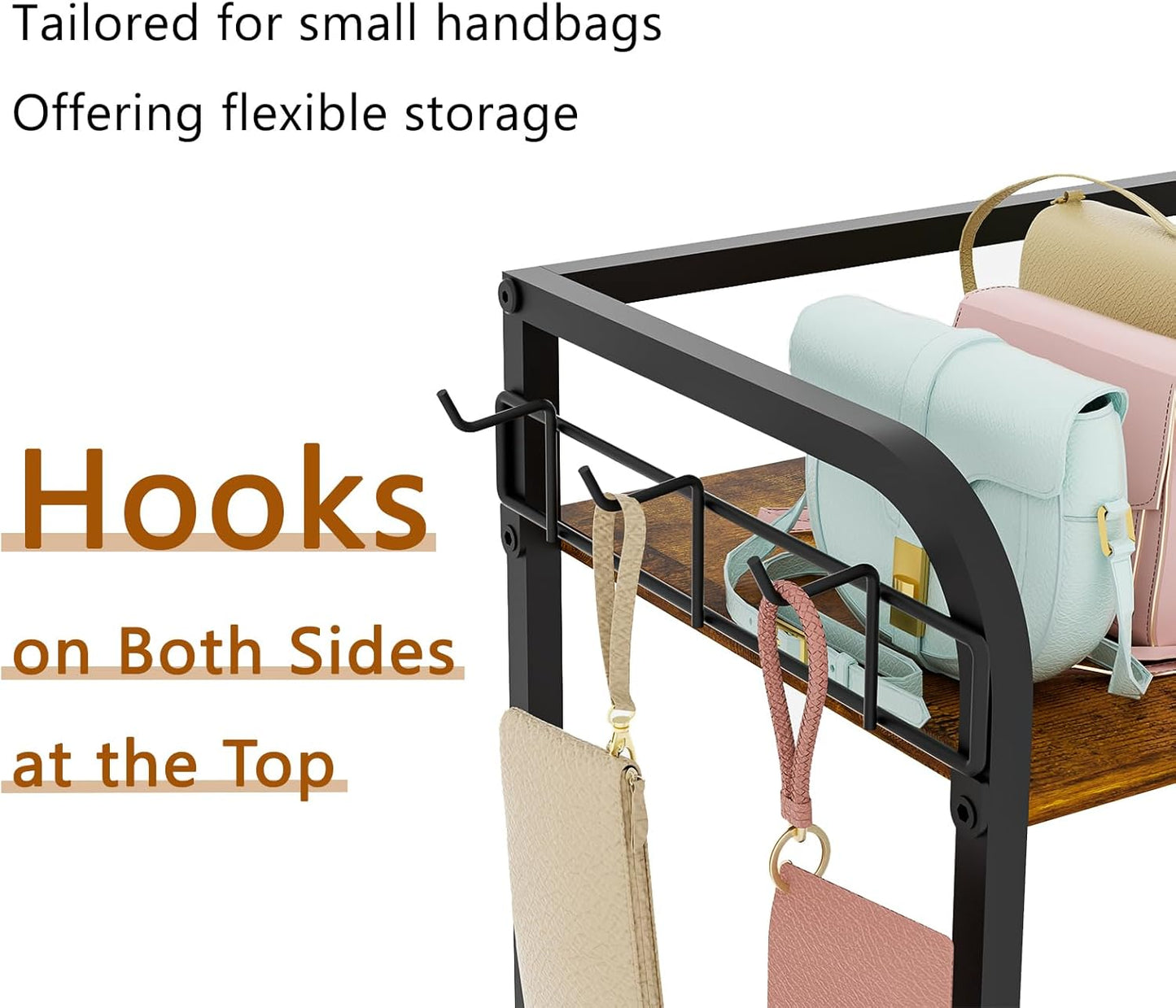 4-Tier Purse Organizer for Closet with 3 Side Hooks and 2 Baskets, High Capacity Purse Rack Stand for Purse Storage, Metal & Wood Handbag Holder for Handbag Organizer, Patent Pending