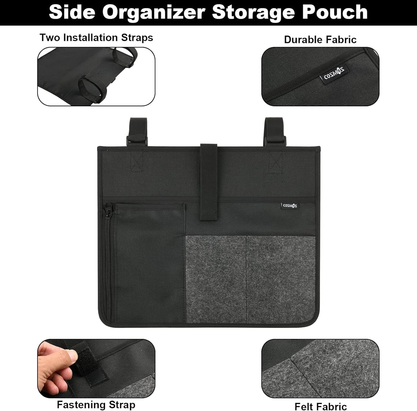 Cosmos Armrest Chair Side Organizer Bedside Caddy Organizer Bed Buk Storage Bag Armchair Wheelchair Hanging Side Pocket Bag for Ipad, Tablet, Cellphone, Remote Control, Magazines, Books & Water Bottle