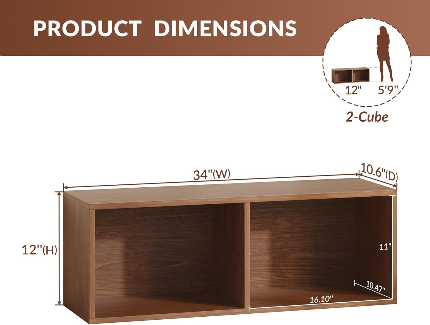 IOTXY DIY Modular Cube Bookcase - CubeXY Customizable Stackable Expandable Basic Shelving Units, 2-Cube Wooden Open Bookshelf for Miscellaneous Storage Organizer, Walnut