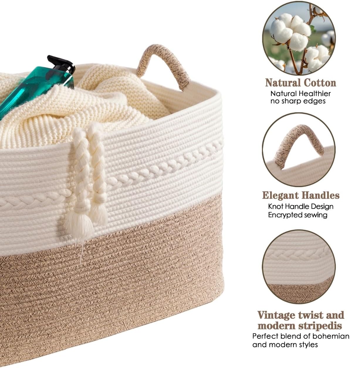 Extra large laundry basket woven from natural cotton rope with handles storage blankets for living rome big decorative quilted baskets for clothes toys pillows hamper 24"x16"x14" white/brown