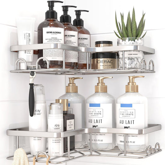 Corner Shower Caddy - 2 Pack, Adhesive Shower Organizers, Rustproof Stainless Steel Shower Shelves with 8 Hooks, No Drilling Bathroom Organizers and Storage Racks, Space-Saving, Silver, Medium