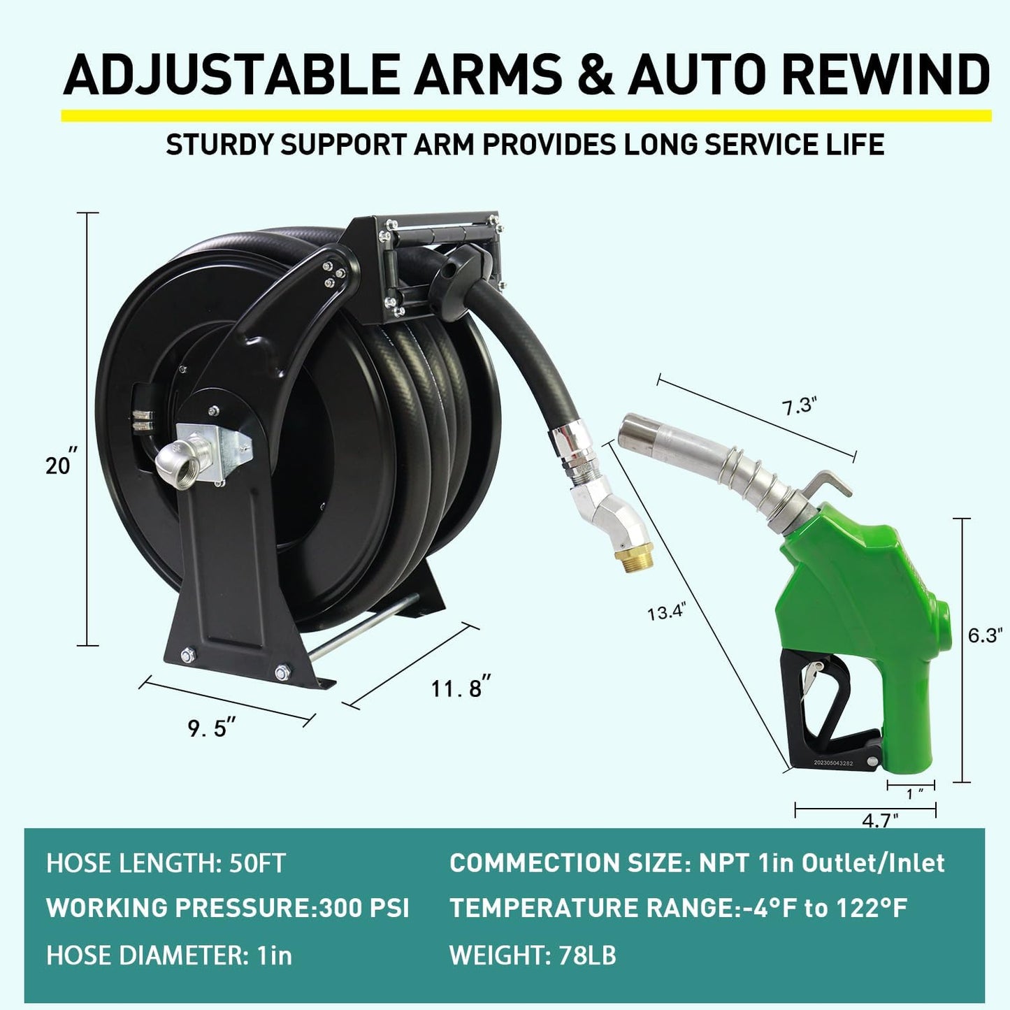 Fuel Hose Reel,1"X50' Retractable Ratchet Spring Driven Diesel Hose Reel,360 Rotating Fuel Hose Swivel,AUTO Fuel Nozzle,SS304 Elbow Pipe,Barb Fitting,300 PSI,Swivel Steel Construction Reel