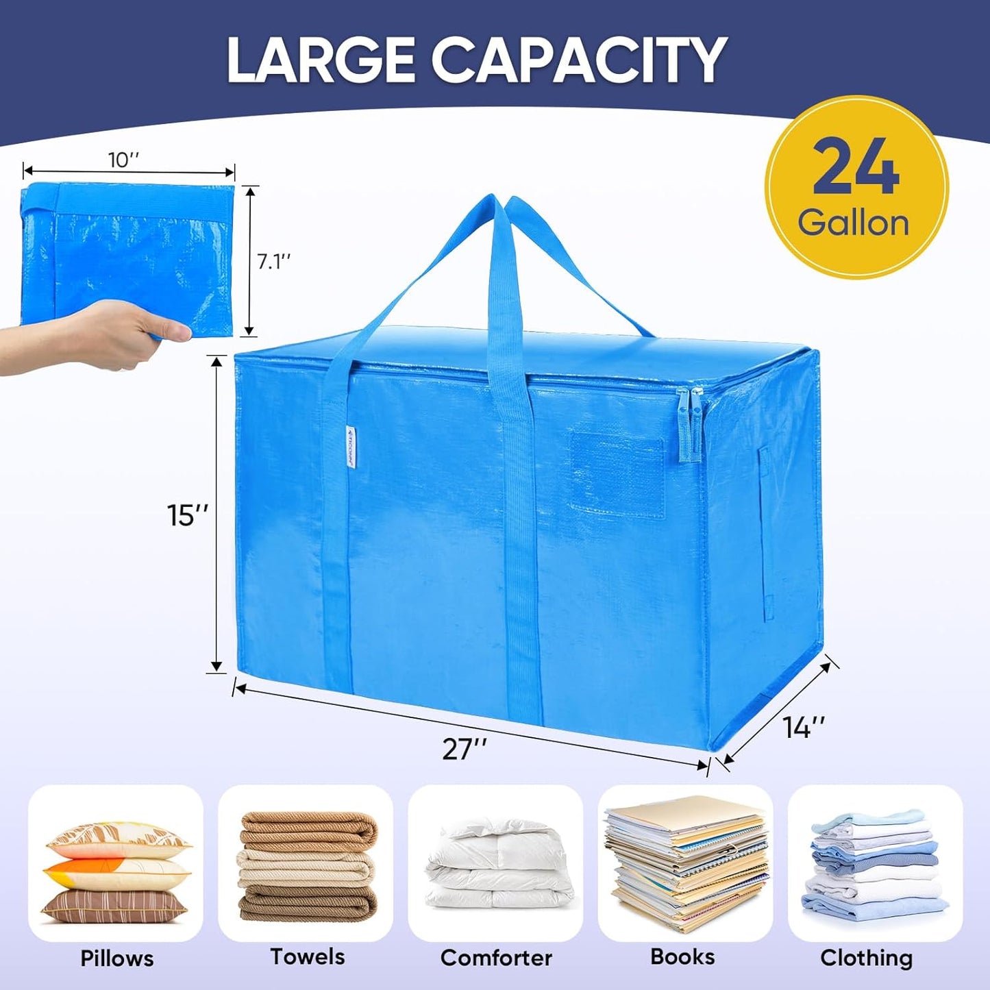 TICONN 2 Pack Extra Large Moving Bags with Zippers & Carrying Handles, Heavy-Duty Storage Tote Moving Boxes for Space Saving (2 Pack, Sky Blue)