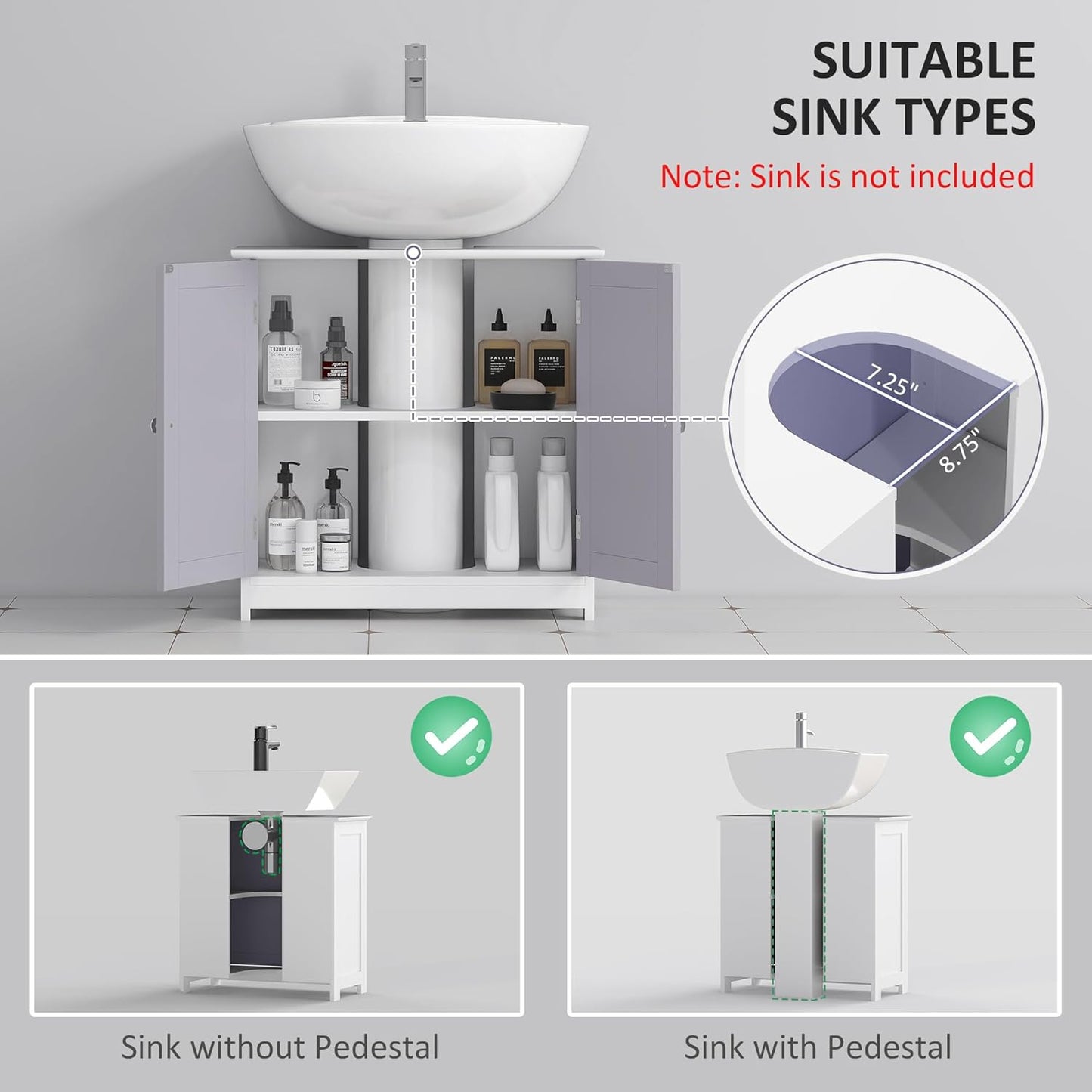kleankin 23.5" Pedestal Sink Storage Cabinet, Freestanding Bathroom Under Sink Cabinet with U-Shape Cut-Out and Adjustable Shelf, White and Gray