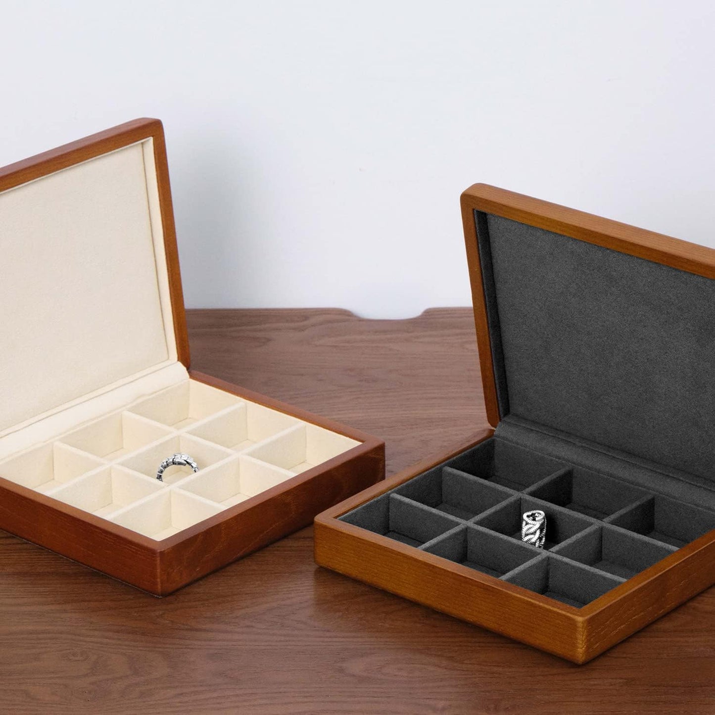Oirlv Solid Wood Ring Jewelry Box Organizer Earrings Jewelry Drawer Organizer Tray with Lid (Creamy-white 9 Grid Box)