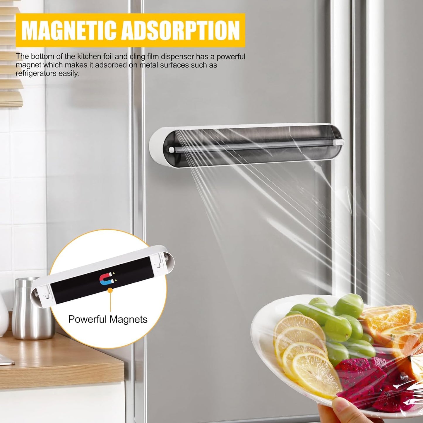 Aluminum Foil & Plastic Wrap Dispenser with Slide Cutter - Magnetic & No-Drill Wall Mount, Cling Film Dispenser for Worktops & Cabinets, Space-Saving Kitchen Organizer - Fits 12" Rolls, Black