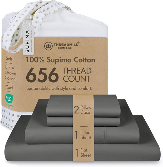 Threadmill Luxury Full Size Sheets | 656 Thread Count Certified Supima Cotton Sheets for Full Size Mattress | 5-Star Hotel Quality 4 Piece Bed Sheets with Extra Deep Pocket |Dark Grey Sheet