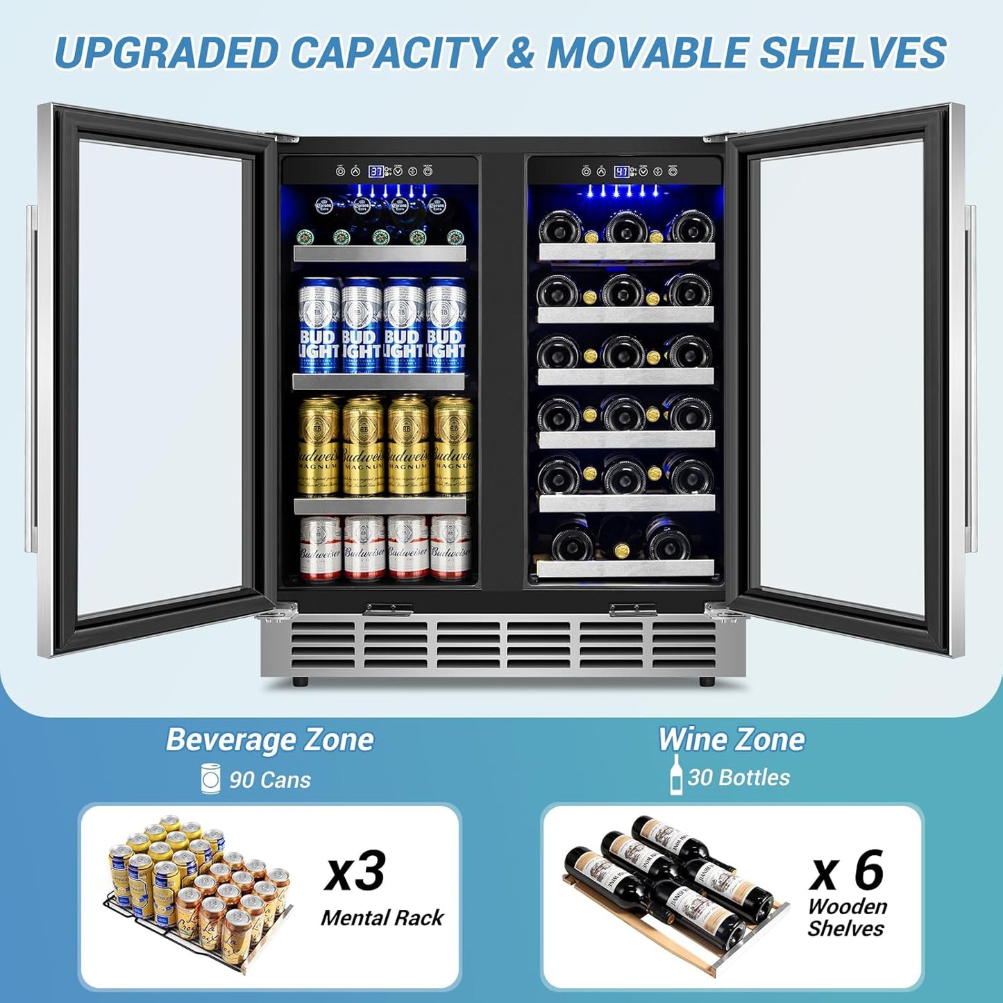 30Inch Wine and Beverage Refrigerator - Dual Zone Beverage Cooler Under Counter, Holds Up to 30 Bottles & 90 Cans Drink and Beer Fridge Built-In for Home Kitchen Bar and Office