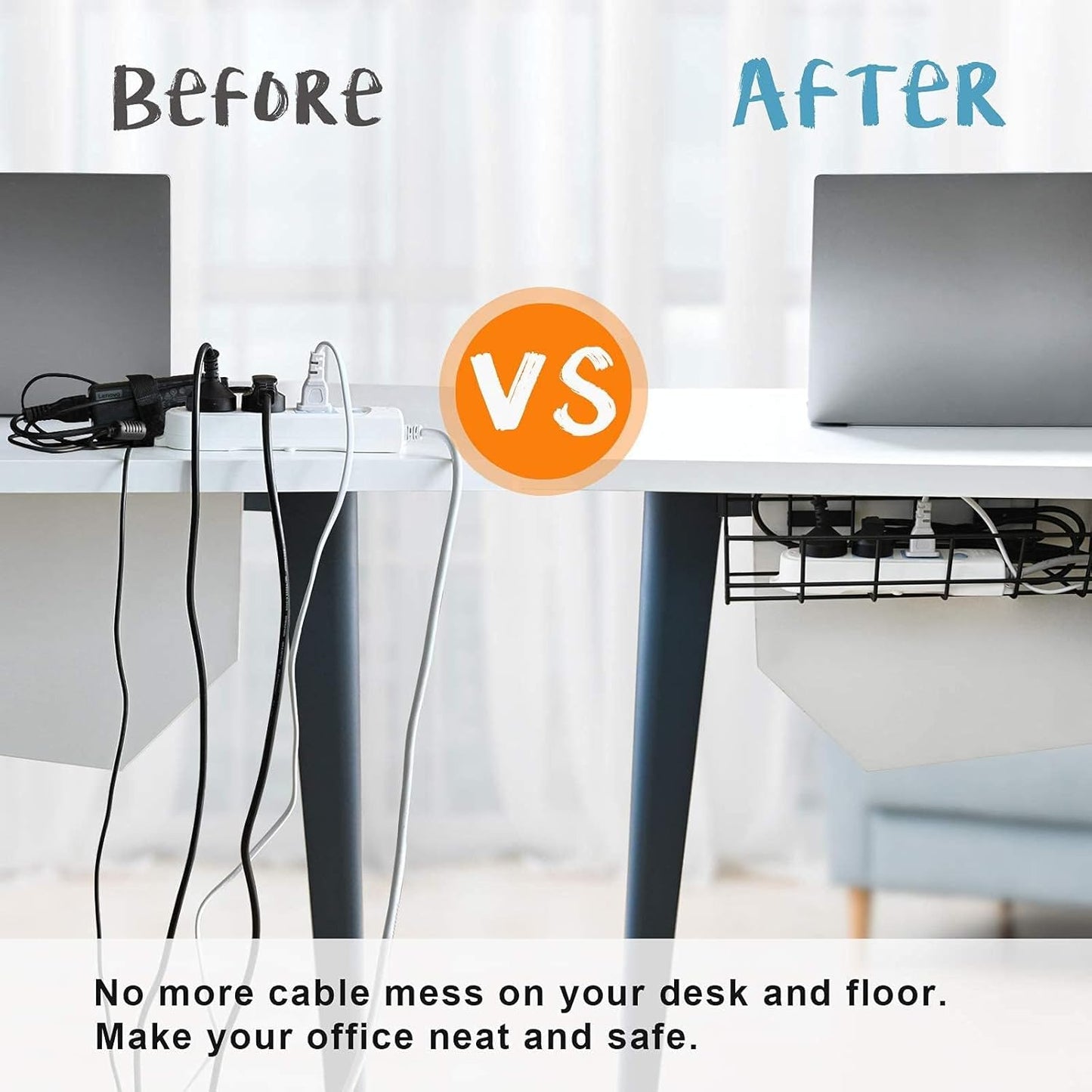 Under Desk Cable Management- 6 Pack Cord Organizer. Metal Wire Cable Management Tray for Office, Studio and Home. Super Sturdy Under Table Cable Managements - Black Cable Organizer