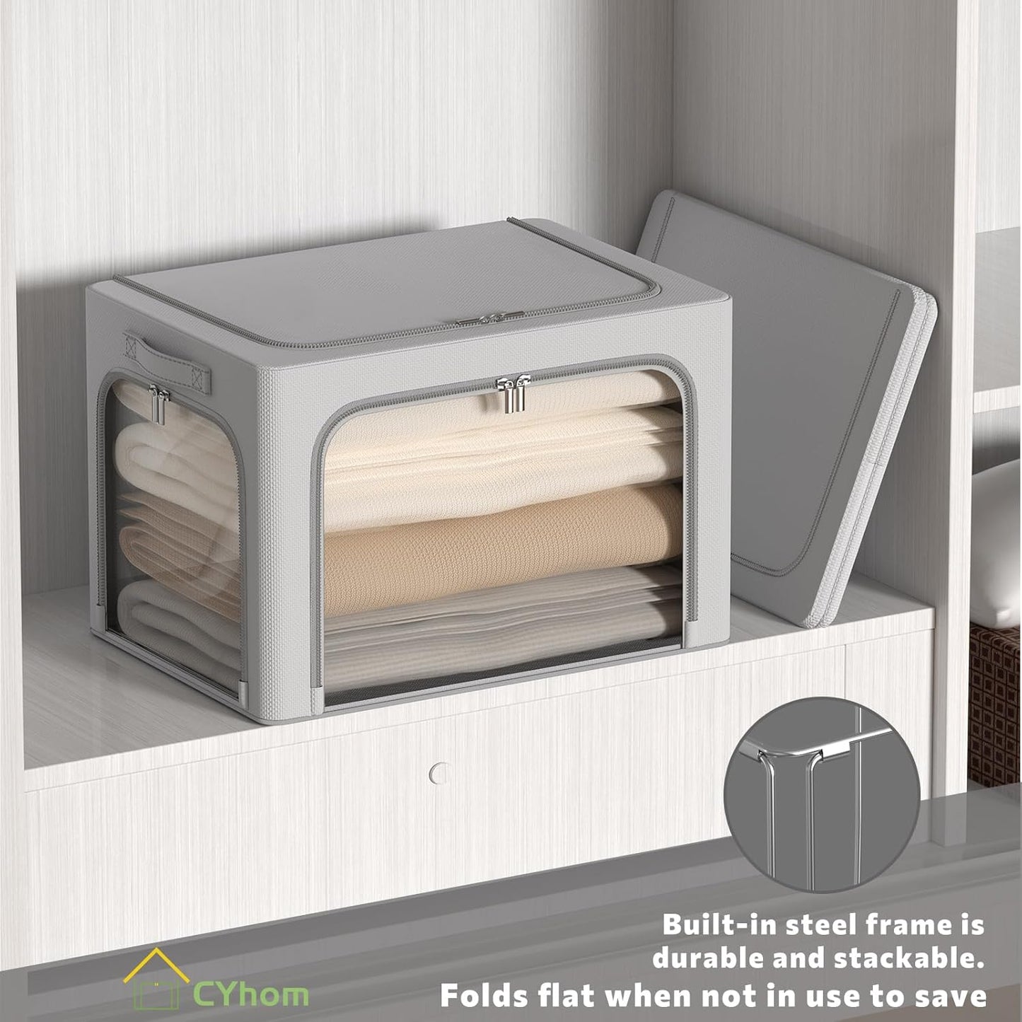 3Pack Clothes Storage Bins - Oxford Frame Storage Box Foldable Stackable Storage Organizer with 3 Openings Design, Metal Frame, Clear Window, Carry Handles (66L-19.7 * 15.7 * 13, Grey)
