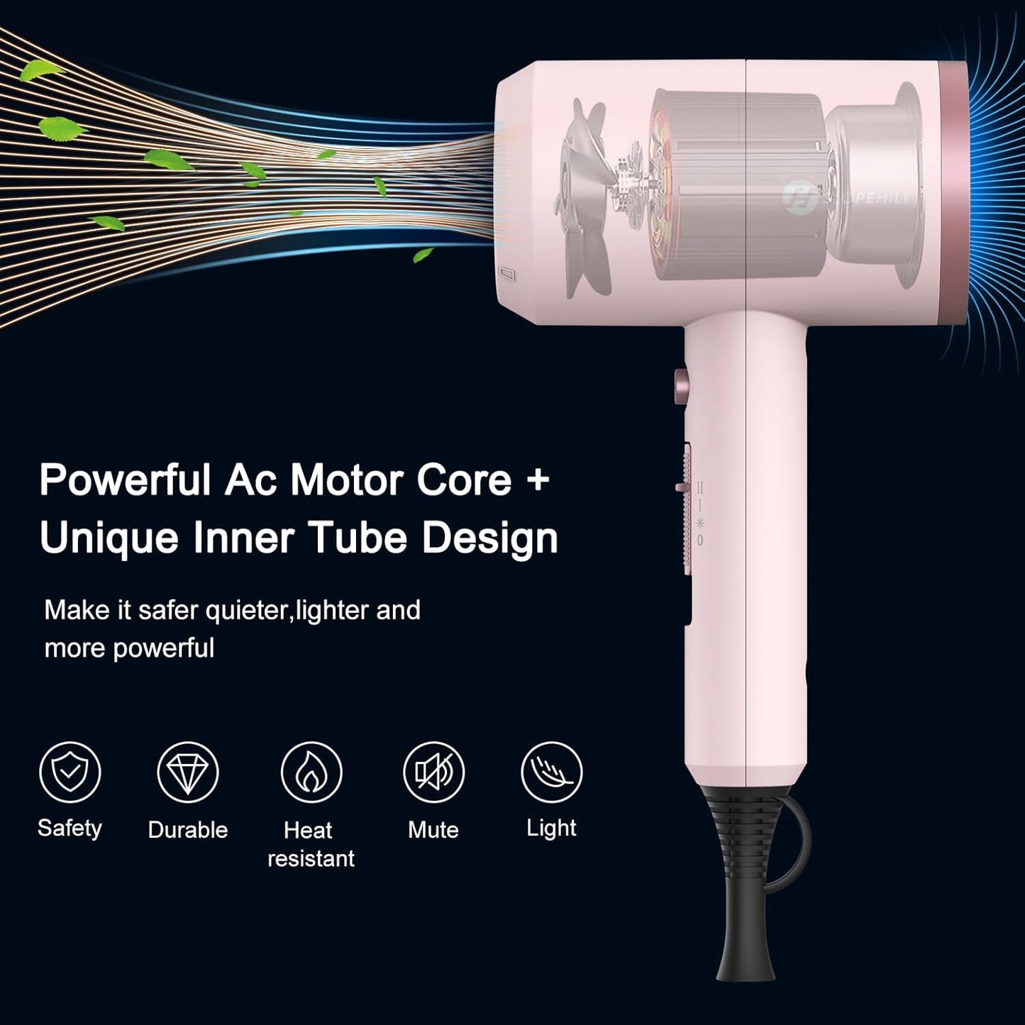 Slopehill Professional Ionic Hair Dryer, Powerful 1800W Fast Drying Low Noise Blow Dryer with 2 Concentrator Nozzle 1 Diffuser Attachments for Home Salon Travel (Pottery Pink and Rose Gold)