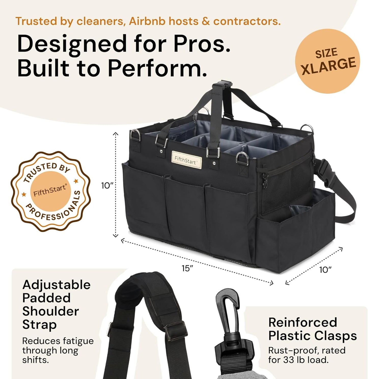 FifthStart Cleaning Supplies Organizer Tote & Caddy - X-Large, Black Nylon - Adjustable Straps for Cleaning Tote - 9 Pockets & Dividers in Organizer Bag - Durable Nylon Construction for Diaper Caddy