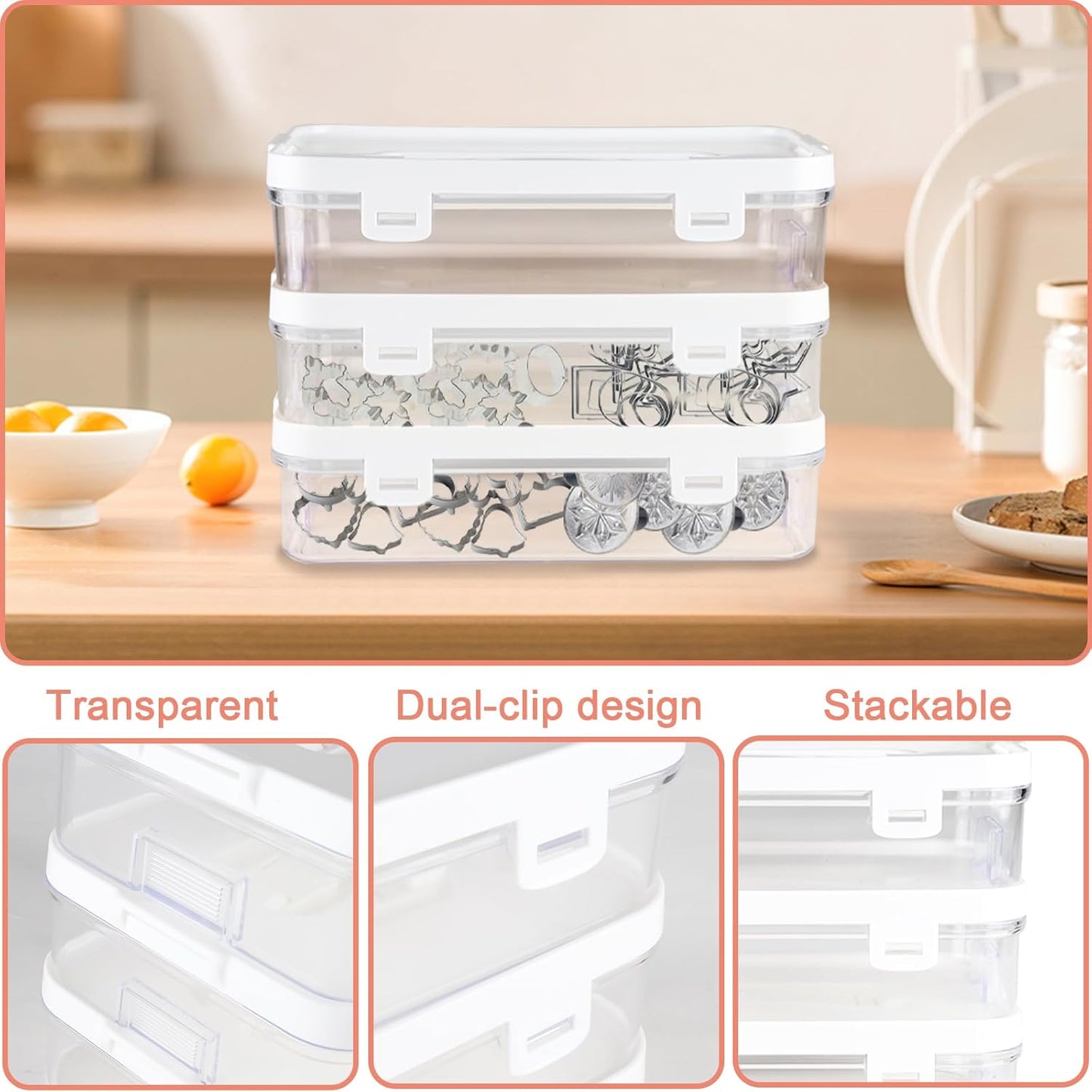 3 Pack of Cookie Cutter Storage, Handheld Transparent Cookie Cutter Organizer Storage with a Sticker and a Pen,Cover to Prevent Dust,Can be Used Alone or Hidden for Stacking