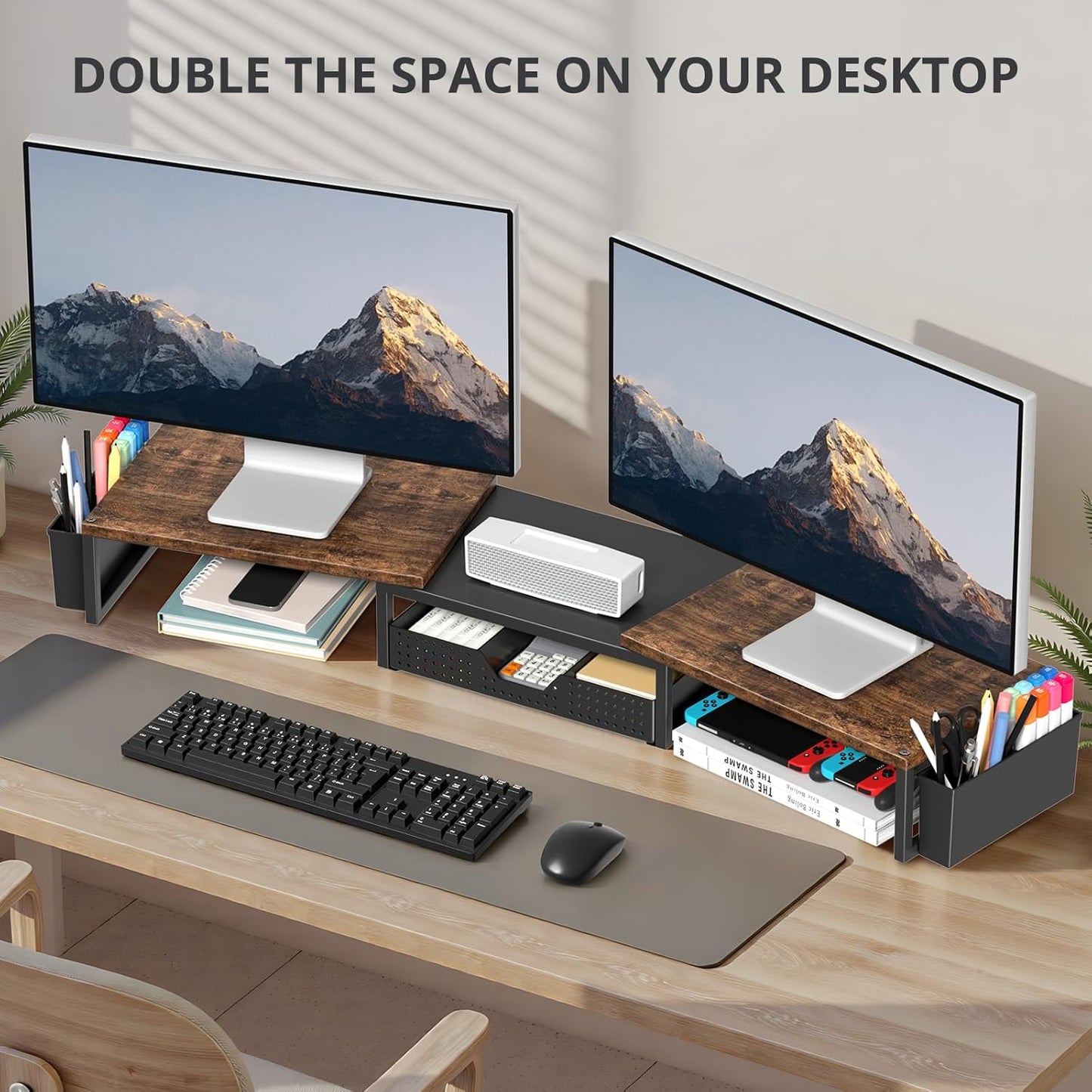 OPNICE Wood Desk Organizers and Accessories, Dual Monitor Stand Riser with Drawer and 2 Pen Holders, Desk Shelf Computer Racks for Office Workspace Organizers, Desktop Organization (Rustic Brown)