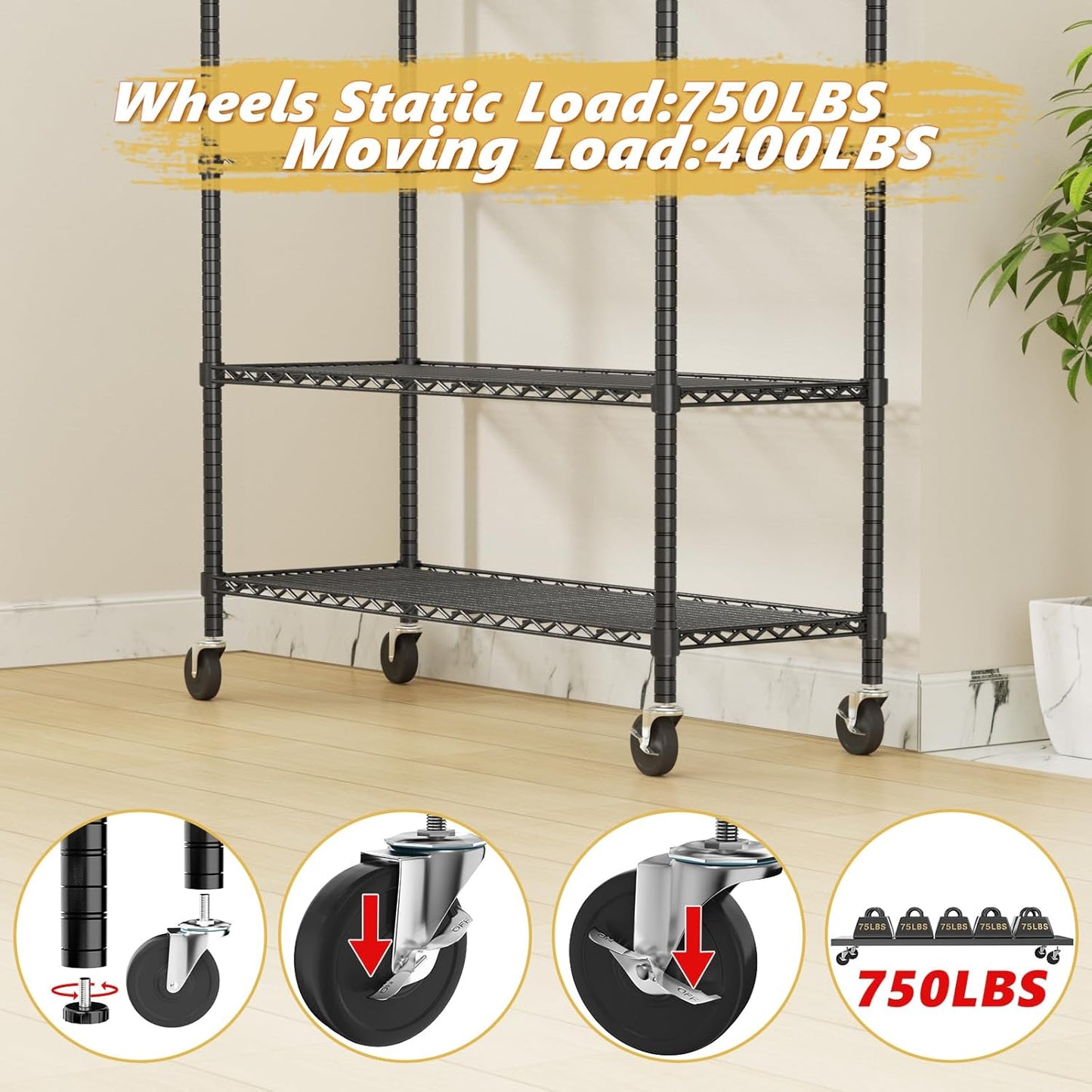 Storage Shelves Heavy Duty with Wheels,48"L x 20"W x 72"H Garage Wire Shelving Unit Loads 2000LBS,5-tier Adjustable Metal Industrial Utility Shelf Rack for Kitchen,Laundry,Pantry,Warehouse,Basement
