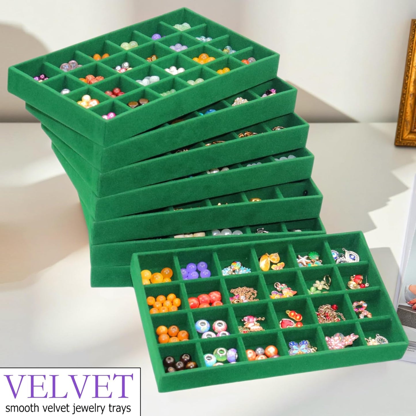 24 Grid Velvet Jewelry Drawer Organizer Tray Stackable Jewelry Trays Removable Dividers for Earring Rings Stud Necklaces (Set of 8, Green