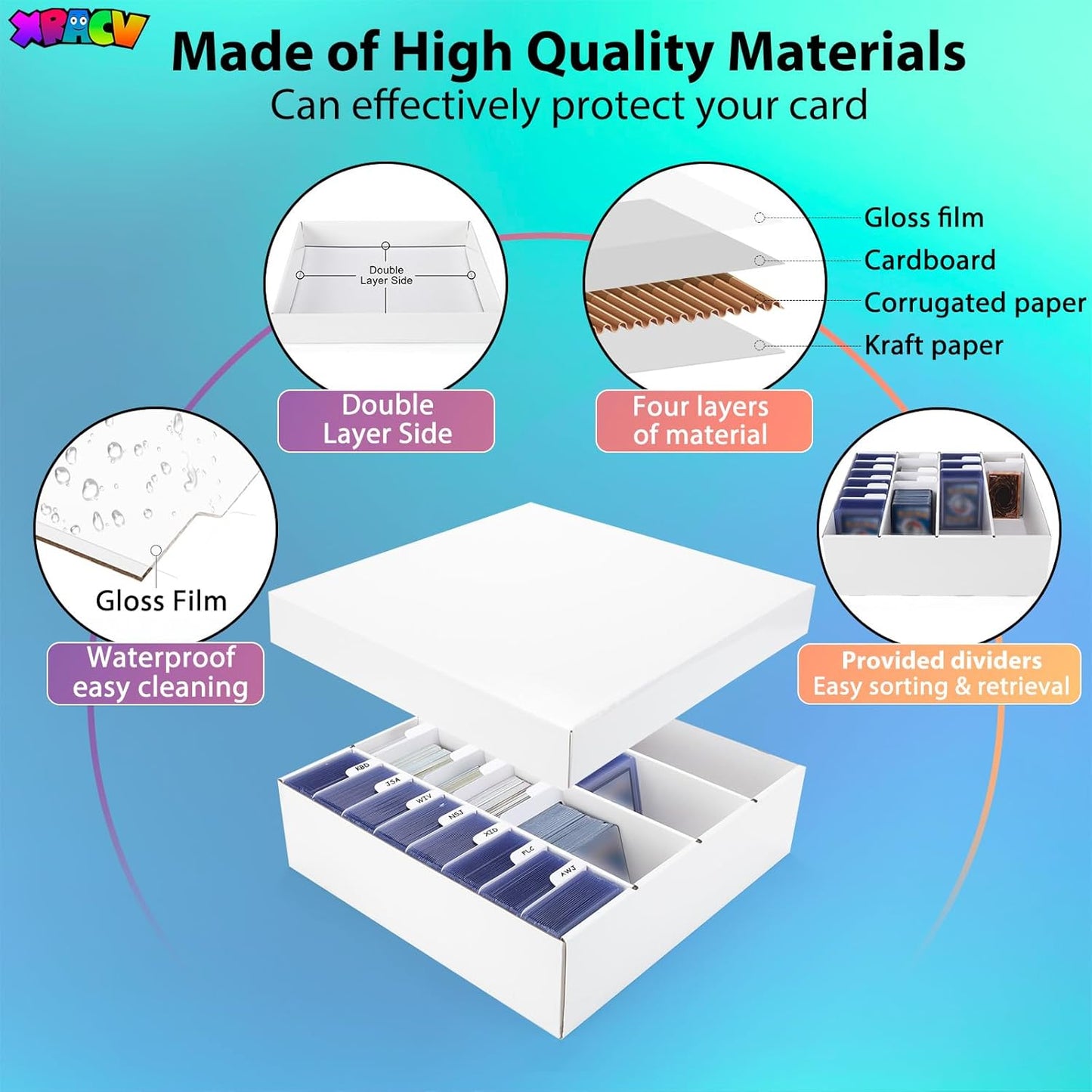 Trading Card Storage Box, 4 Row 3200 Count Collector Cards Box with Divider, White Corrugated Cardboard Compatible with Top Loader Organizer Sorting Tray Box for Sports Cards, MTG, TCG Cards (3-Pack)
