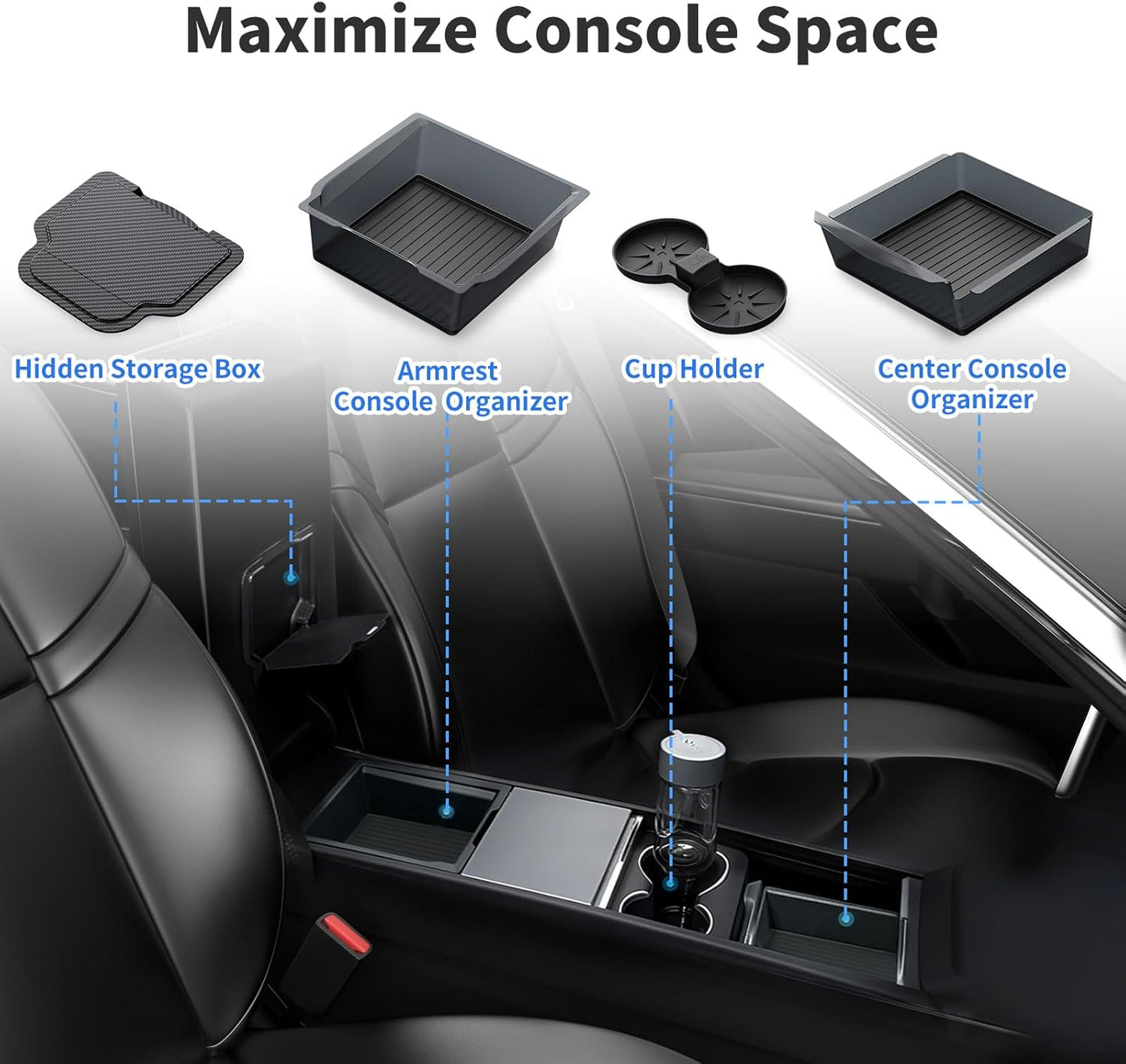 4PCS Upgraded Tesla Model Y Juniper (2025–2026) Accessories & Tesla Model 3 (2025 Highland) Accessories Center Console Organizer, Hidden Storage Box, Cup Holder, and Armrest Drawer Organizer