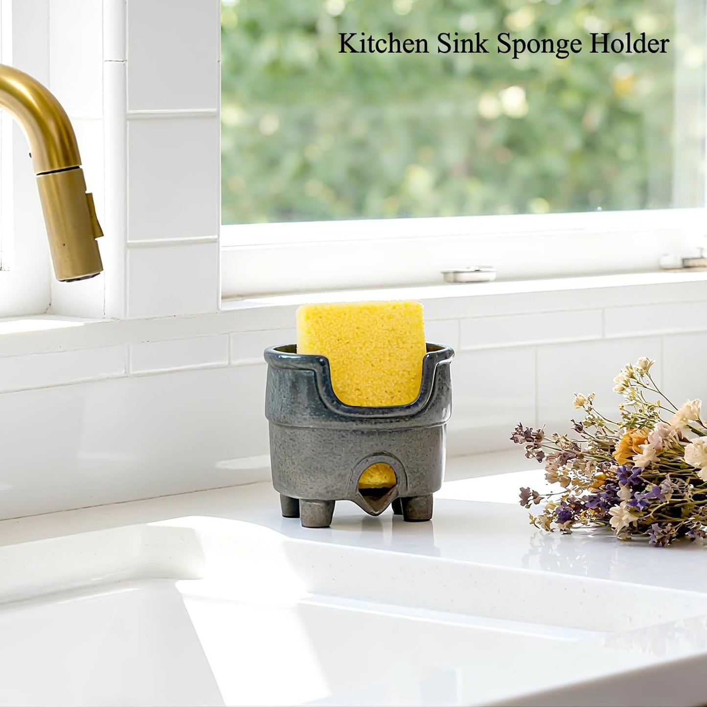 Ceramic Sponge Holder with Drainage, Farmhouse Sink Caddy Organizer, Self Draining Design for Sponges,Soap,Brushes, Compact Rustic Kitchen Accessory, Keeps Counter Dry（Country Blue）