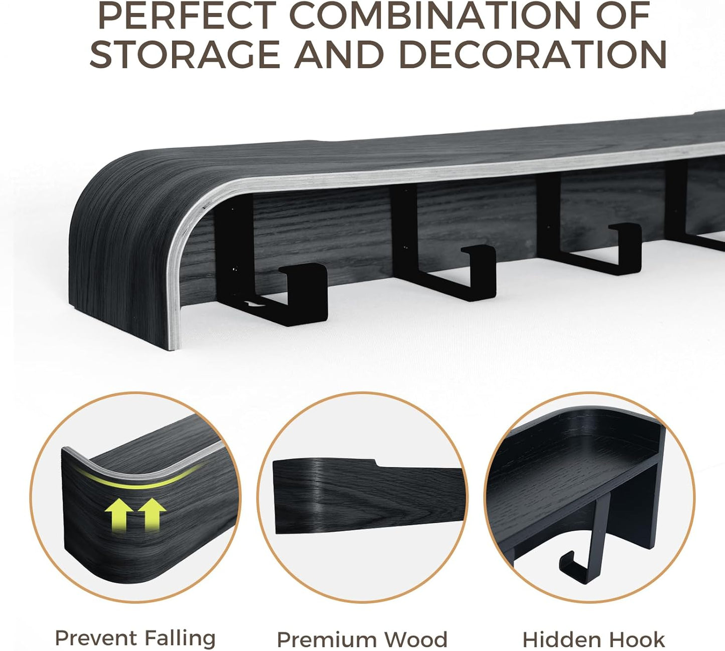Wall Coat Rack Floating Shelves Modern Coat Rack Wall Mount with Storage Entryway Shelf Wooden Hanger 20 Inch 4 Hidden Metal Hooks for Living Room Bedroom (Black, 4 Hooks)