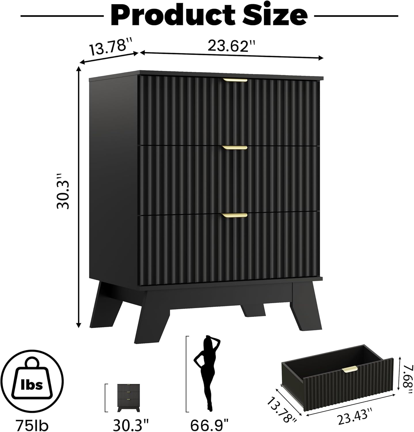 Black Night Stand with 3 Drawers, Bedside Table & End Table, 24" Wide Mid Century Modern Fluted Wood Nightstand with Metal Handles, Farmhouse Night Stands for Bedroom