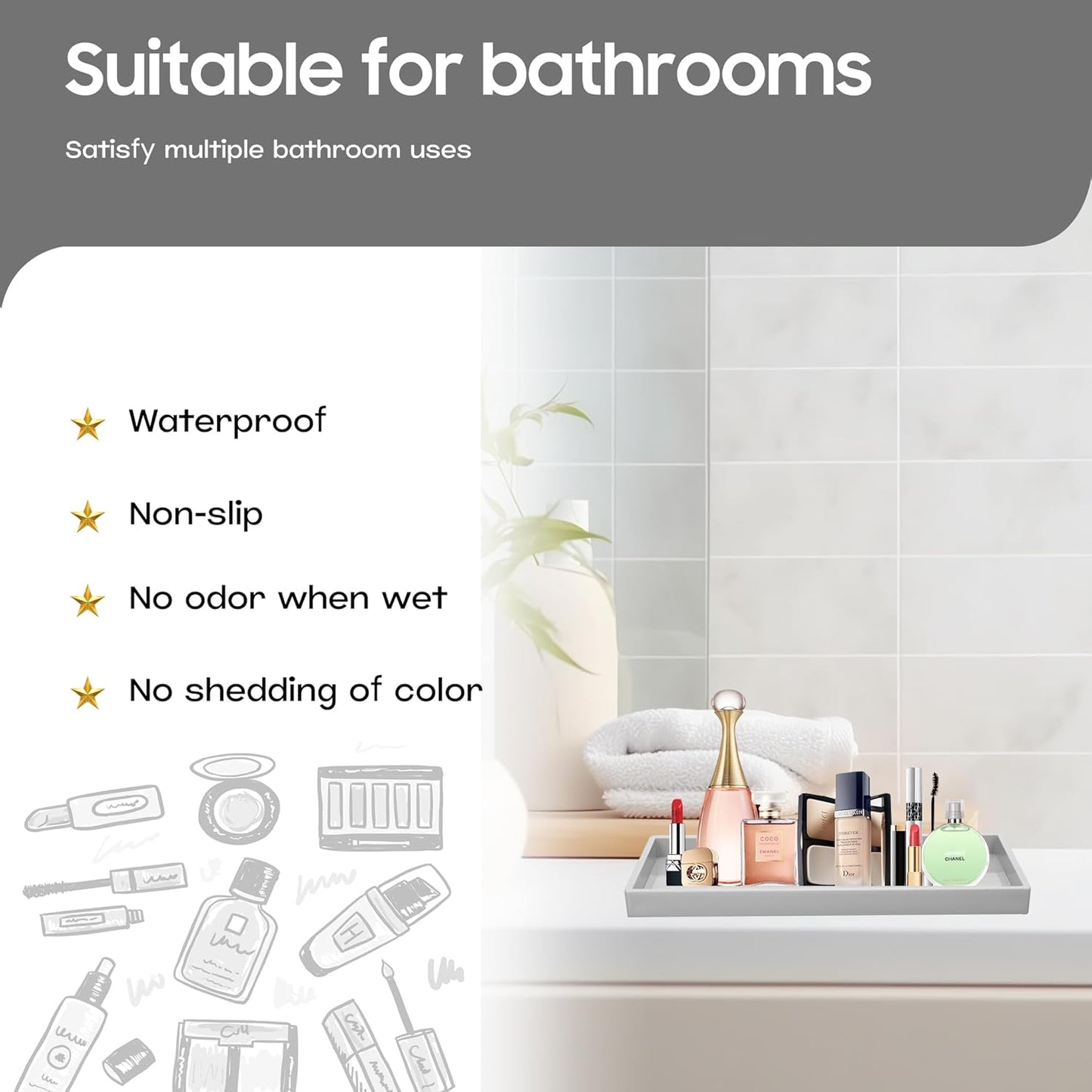 Vanity and Bathroom Tray, 11.8" ABS Countertop Organizer,Waterproof Vanity Tray for Toilet Tank,Perfume,Soap,Keys,Bathroom Accessories,Kitchen and Bath Trays,Non Slip Small Trays,Gray,2 Pack