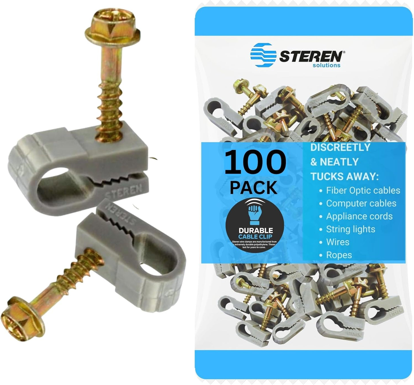 STEREN Coaxial Cable Clips - Cable Holder - Wire Clips - Siding Clips for Hanging - Cord Holder for Desk - Cable Clamps (Gray, 100 Count - Single Screw)