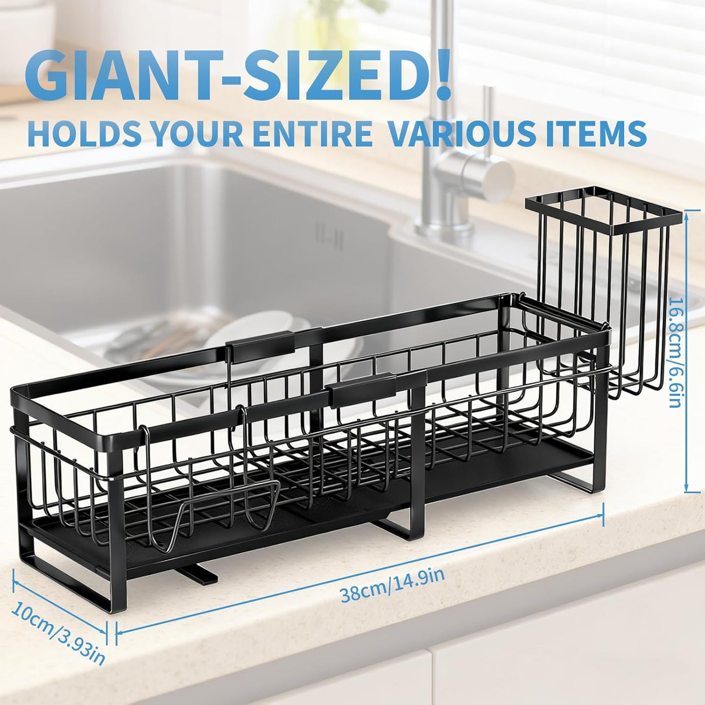 Extra Large Extendable Sponge Holder for Kitchen Sink, Rustproof Sink Caddy Organizer with High Brush Holder, Dish Soap Dispenser Organizers and Storage, Home Essentials Kitchen Countertop Accessories