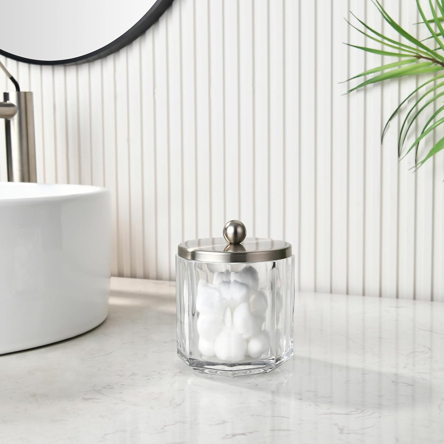 Clear Transparent Apothecary Octagional Shaped Glass Canister Jar With Satin Nickel Metal Lid Cover for Bathroom Organization, Cotton Balls, Q Tips, and Small Accessories, Bath Storage