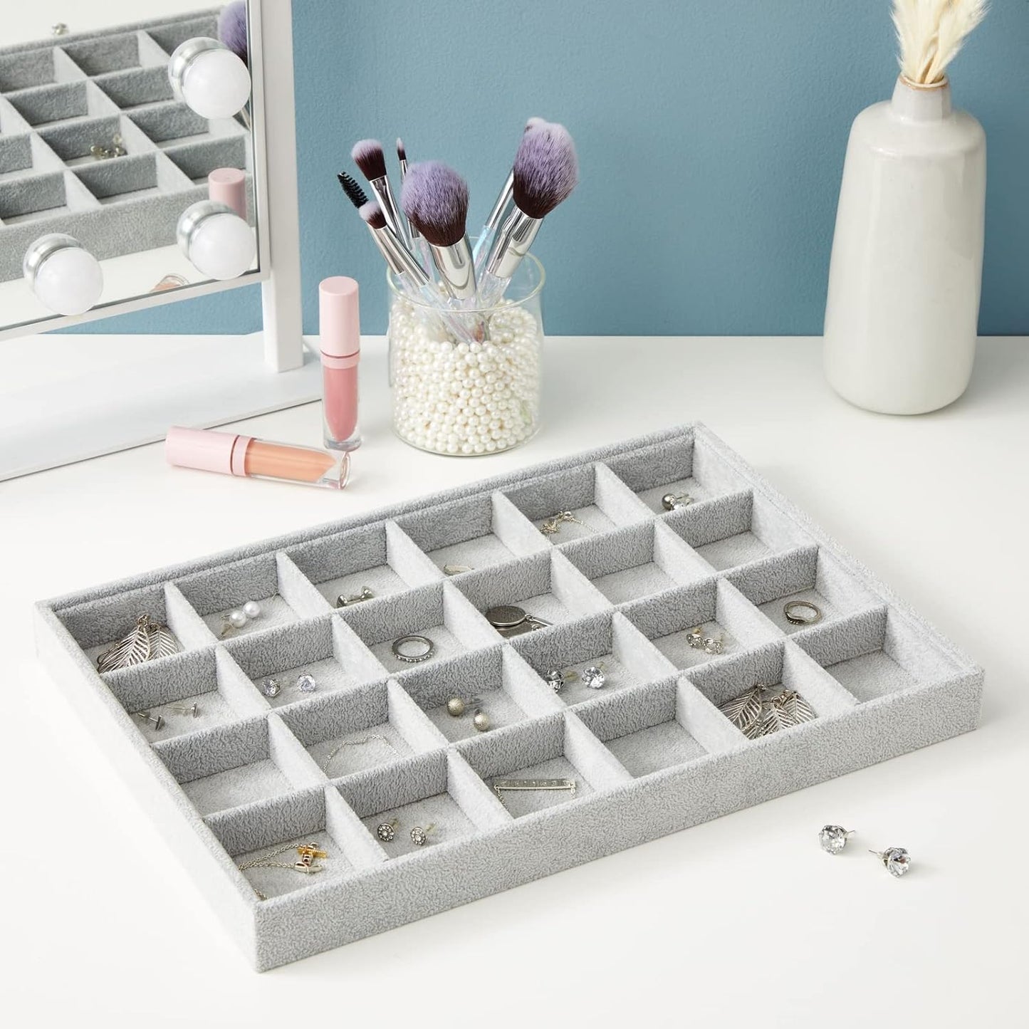 Juvale Velvet Jewelry Organizer Tray - Earring Tray Insert with 24 Compartments - Stackable Jewelry Drawer Organizer - Includes Bracelet Holder Slots - Gray, 14 x 10 in