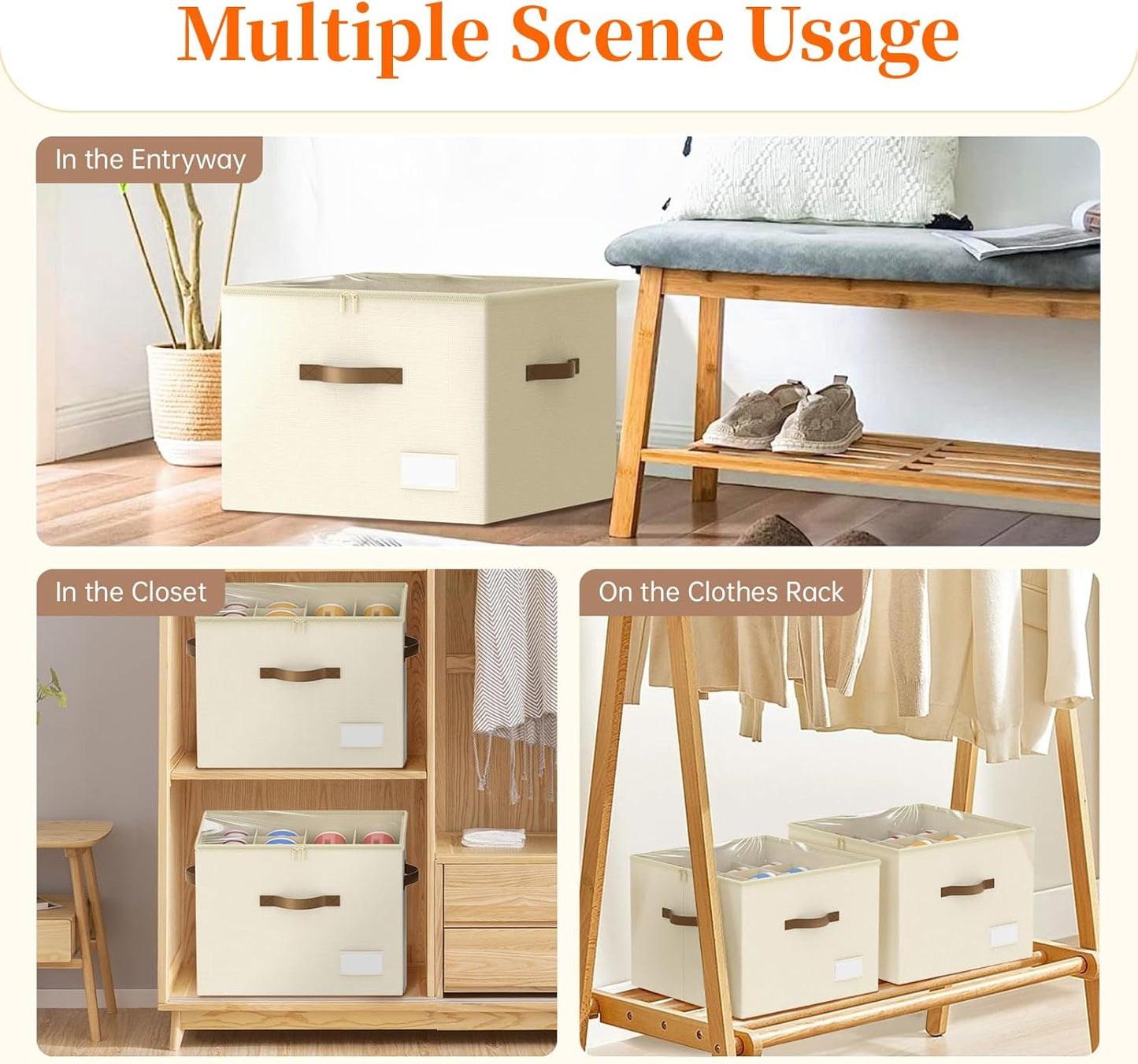 3 Pack Shoe Organizer for Closet, Foldable Shoe Storage Containers, Fits 24-48 Pairs, Shoe Storage Organizer Box Cubby Baskets Bins with Clear Cover and Reinforced Handles, Beige