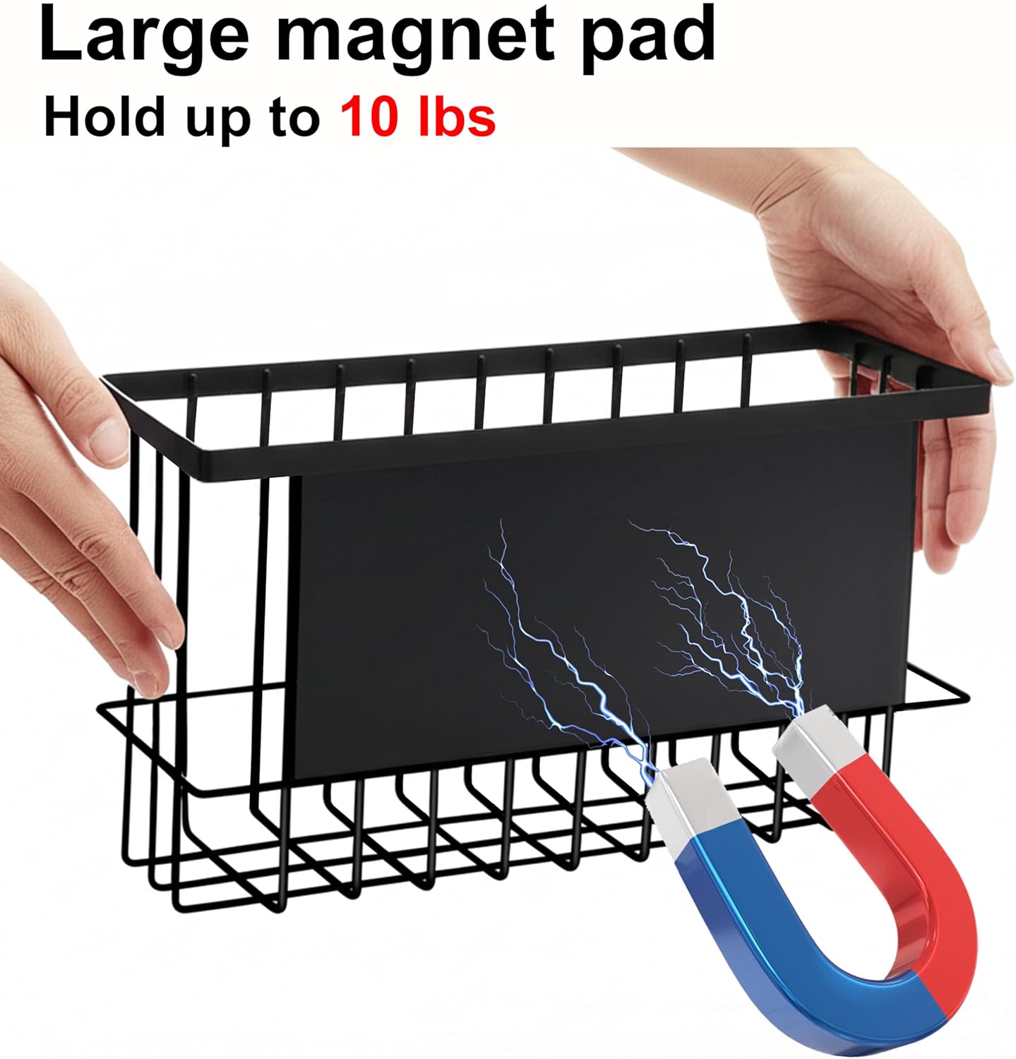 Magnetic Basket for Fridge, Magnetic Basket, Foil and Plastic Wrap Organizer with 4 Caddy Adhesive Stickers, Cabinet Door Organizer for Kitchen Wrap Food Bag Tin Foil Storage, Black, 2 Pack