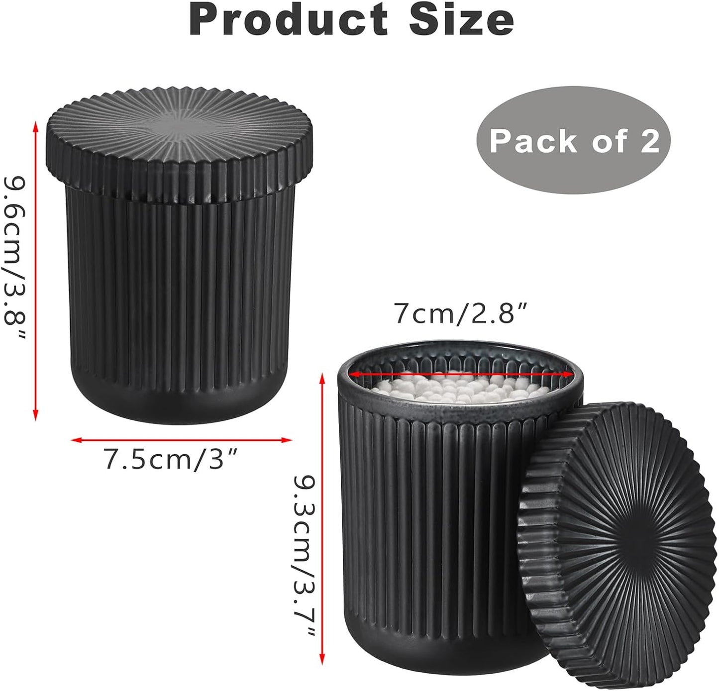 2 Pack Glass Qtip Holder with Lid, Qtip Dispenser Bathroom Storage Jars- Glass Apothecary Jars for Cotton Ball, Swab, Pads, Floss Picks, Bathroom Accessories Organization and Vanity Organizer(Black)