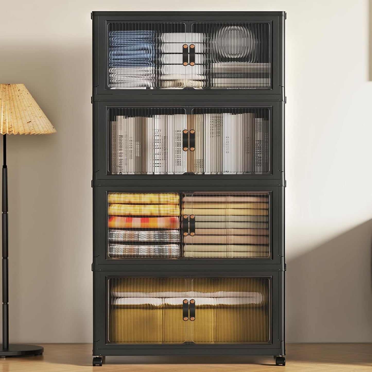SAILUN 127Gal/508Qt Stackable Storage Bins Folding Collapsible Storage Bins with Lid, Closet Organizers and Storage Box with Door Black 28" W x 17" D x 61" H