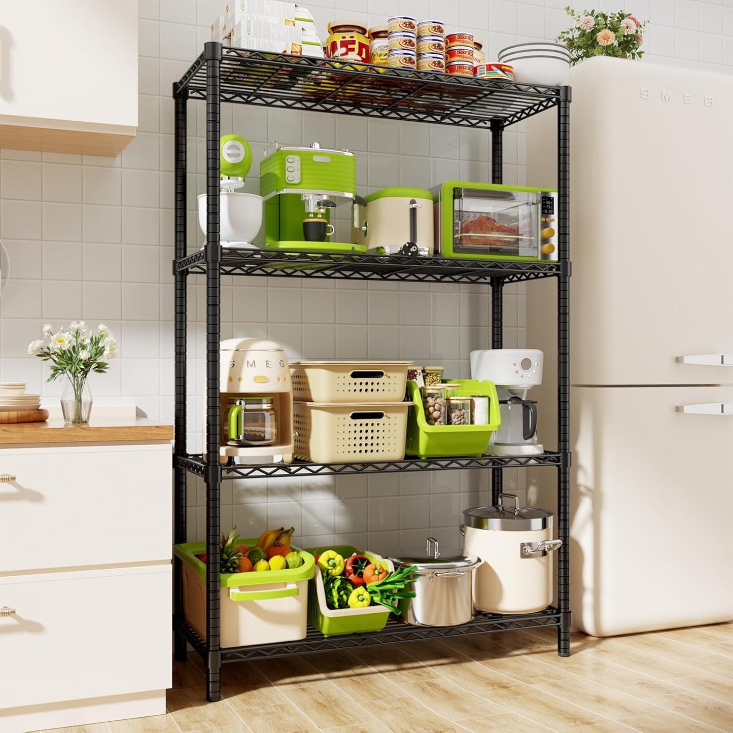 Storage Shelves Heavy Duty, 36" L x 14" W x 54" H Garage Wire Shelving Unit Loads 1400LBS, 4-Tier Adjustable Metal Industrial Utility Shelf Rack for Kitchen, Laundry Room, Pantry, Warehouse, Basement